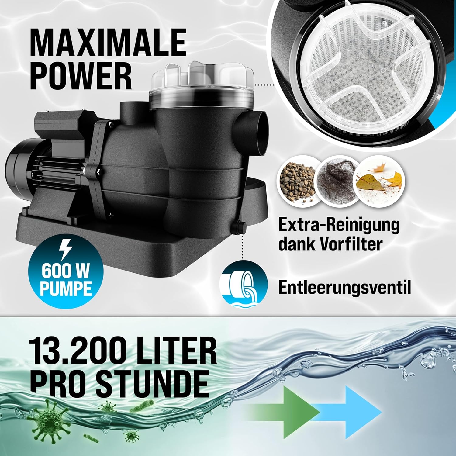 MONZANA® Sandfilteranlage 13.200L/h bis 58.000L Pool Vorfilter 7-Wege-Ventil 600W 30L Tank 2in1 Adapter Ø32-38mm Filteranlage Poolfilter Sandfilter