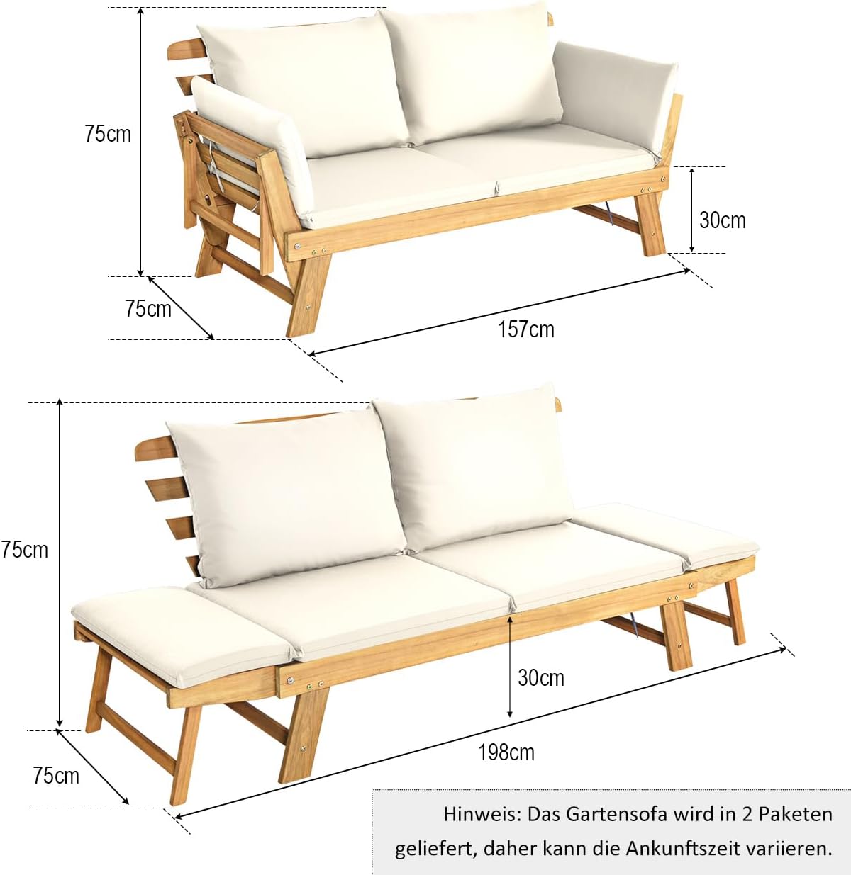 COSTWAY Gartenbank mit Liegefunktion, Gartensofa mit Auflagen und klappbaren Armlehne, Balkonbank aus Akazienholz, Balkonsofa, Gartencouch für Garten, Terrasse, Balkon, 198 x 75 x 75 cm (Beige)