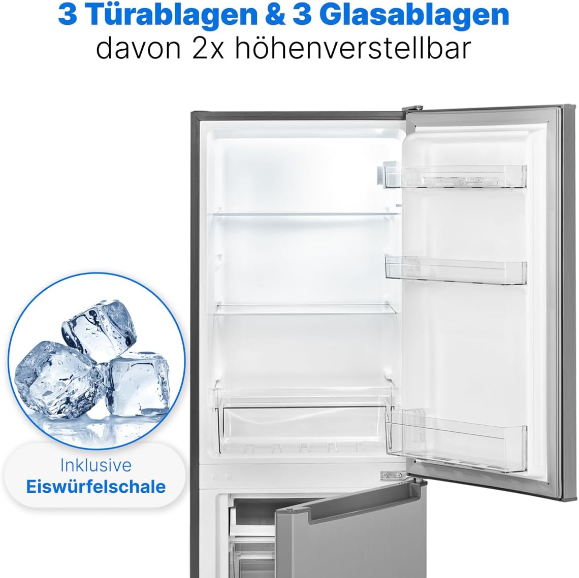 Bomann® Kühlschrank mit Gefrierfach 143cm hoch | Kühl Gefrierkombination 173L mit 3 Ablagen & 3 Schubladen | Türanschlag wechselbar | leise Kühlgefrierkombi 40db | Kühlschrank | KG 7331 inox