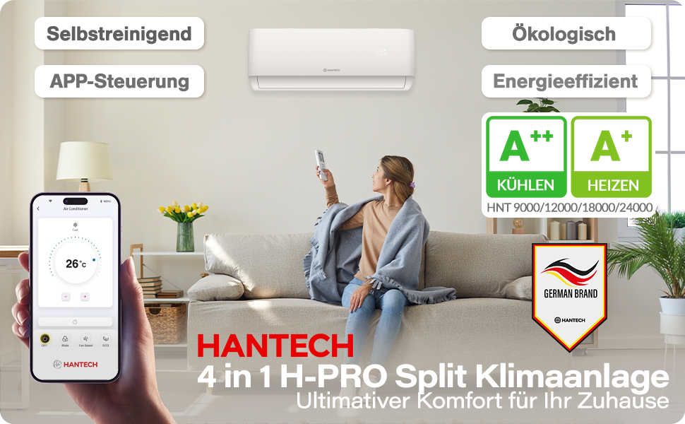 Werbung für das 4-in-1-H-PRO Split-Klimasystem von Hantech mit mobiler App-Steuerung, Energieeffizienzklasse A++ und an der Wand montiertem Innengerät