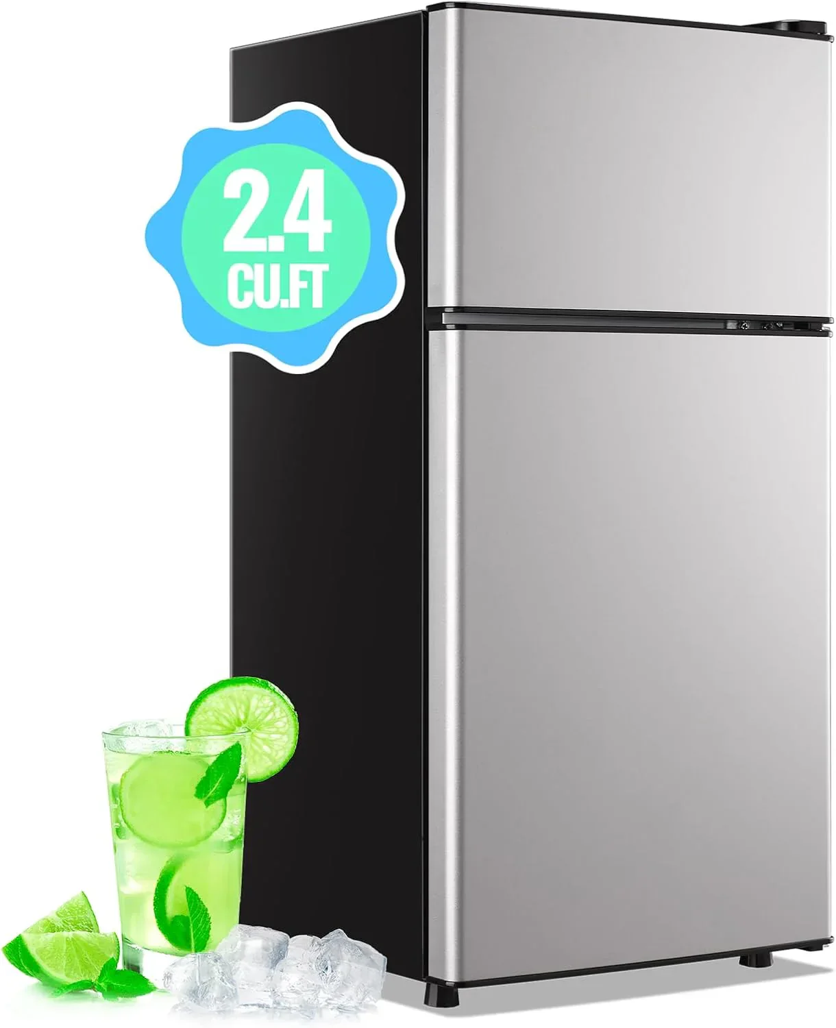 2.4 Cu.Ft Mini Fridge with Freezer Double Door Small Tiny Size Refrigerator with 7 Control Knob