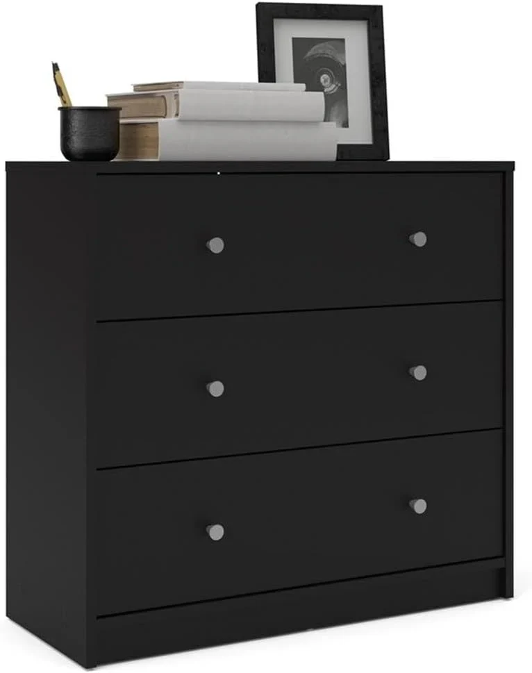 3-Pc Scandinavian Design Engineered Wood Bedroom Furniture Set with 3-Drawer Chest & 6-Drawer Double Dresser & 1-Drawer Nightstand, Pewter Plastic Handles, Smooth Plastic Glides, in Black
