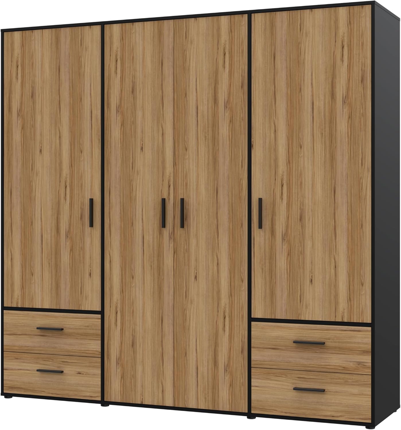FORTE Jupiter Schrank 200 210, Kleiderschrank, Drehtürenschrank, 4-türig, mit 4 Schubladen und Einlegeböden, Schwarz mit Holz Dekor: Catania Eiche, 206 cm breit x 53 cm tief x 200 cm hoch
