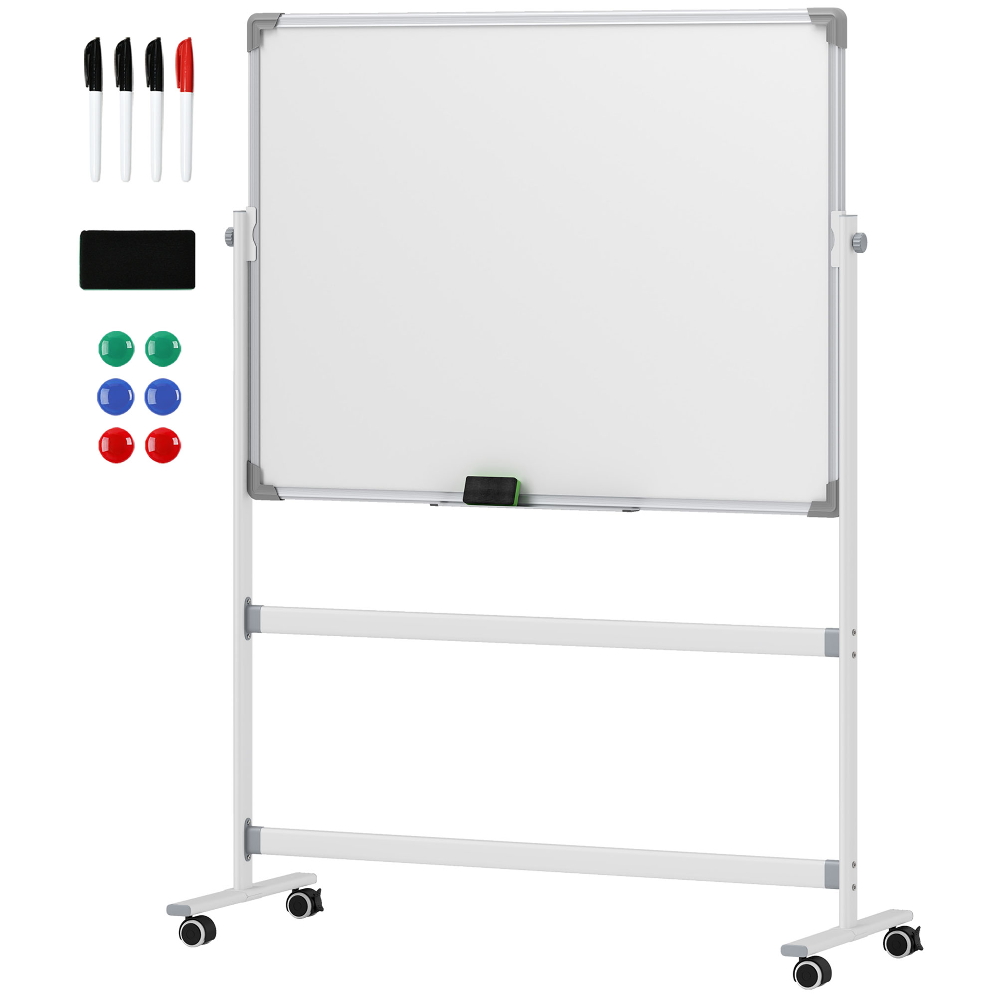 Magnetisch Whiteboard, 120 x 90 cm, Draaibaar, Mobiel, Incl. Markers & Wisser, Metalen Frame, Wit
