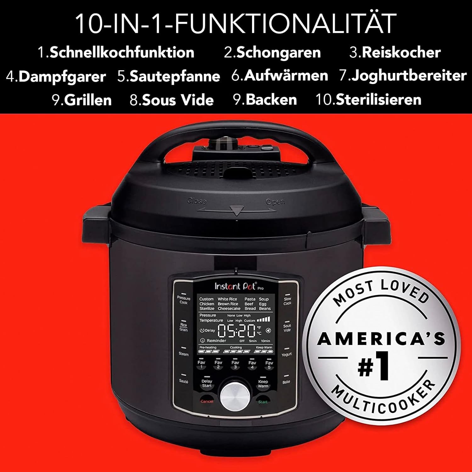 Instant Pot Pro 10-in-1-Elektro-Multikocher 1200 W, 5,7 L – Schnellkochtopf, Schongarer, Reiskocher, Dampfgarer, Sautierpfanne, Sterilisator, Joghurtbereiter, Sous Vide Gert – Schwarzer Edelstahl