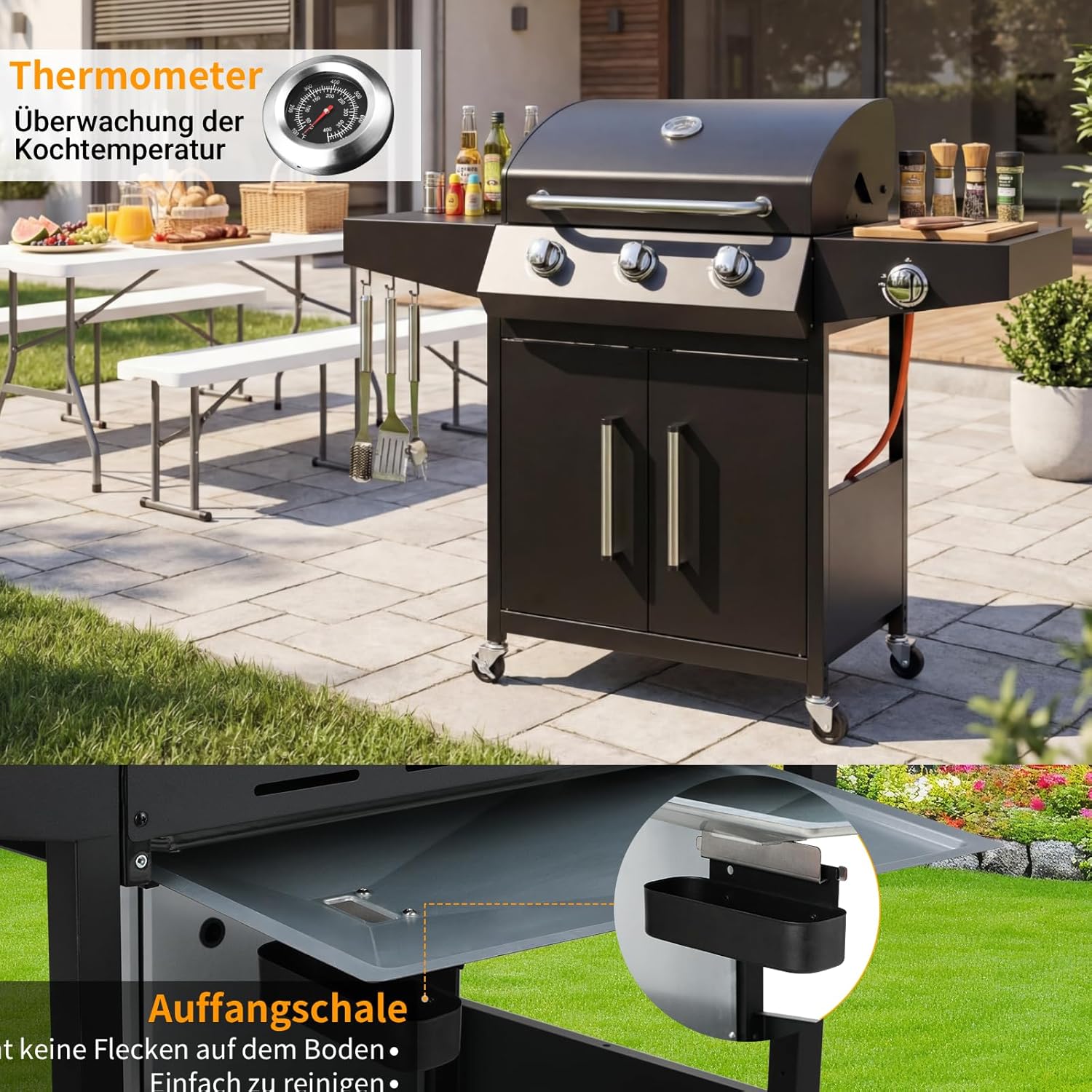 LIFERUN Gasgrill 3+1 Edelstahl Brenner,13,5 kw Gas Grillwagen BBQ mit Seitenkochfeld,Gasgriller mit Thermometer,4 PCS Bremse Rollen,DE I3B/P(50) Gasdruckregler,Grillküche Camping Garten(Butan/Propan)