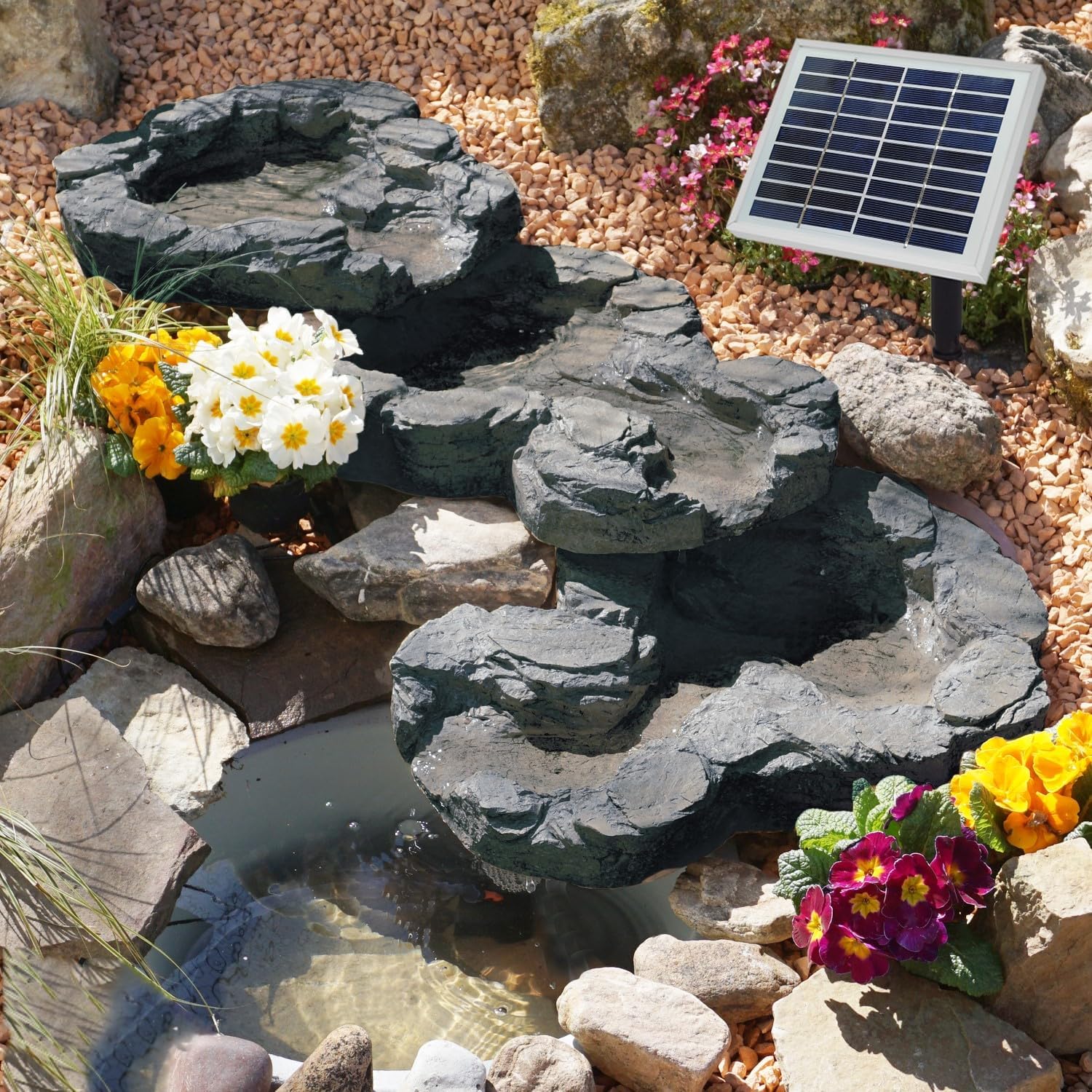 Solar GARTENBRUNNEN Bachlauf QUELLBACH II mit LED-Licht/Hybrid-System, 230V ZIERBRUNNEN VOGELBAD Wasserfall GARTENLEUCHTE TEICHPUMPE - SPRINGBRUNNEN WASSERSPIEL für Garten, Gartenteich, Teich
