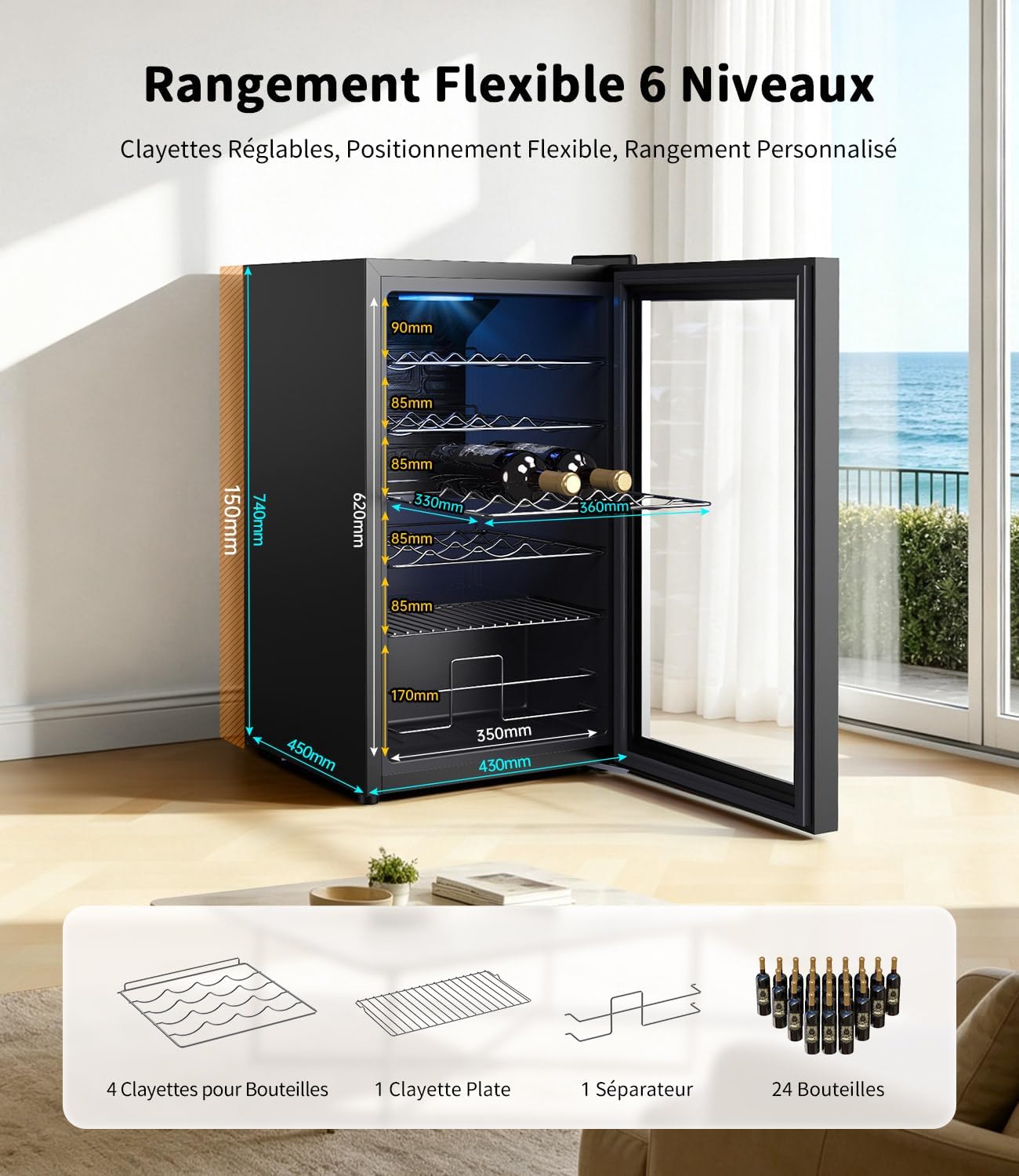 WIE Caves à Vin 24 Bouteilles 4–18°C Panneau Tactile LED Porte en Verre | 70L Réfrigérateur Professionnel 6-Étagères Support Réglable Protection Anti-UV Refroidissement Compresseur pour Bureau Maison