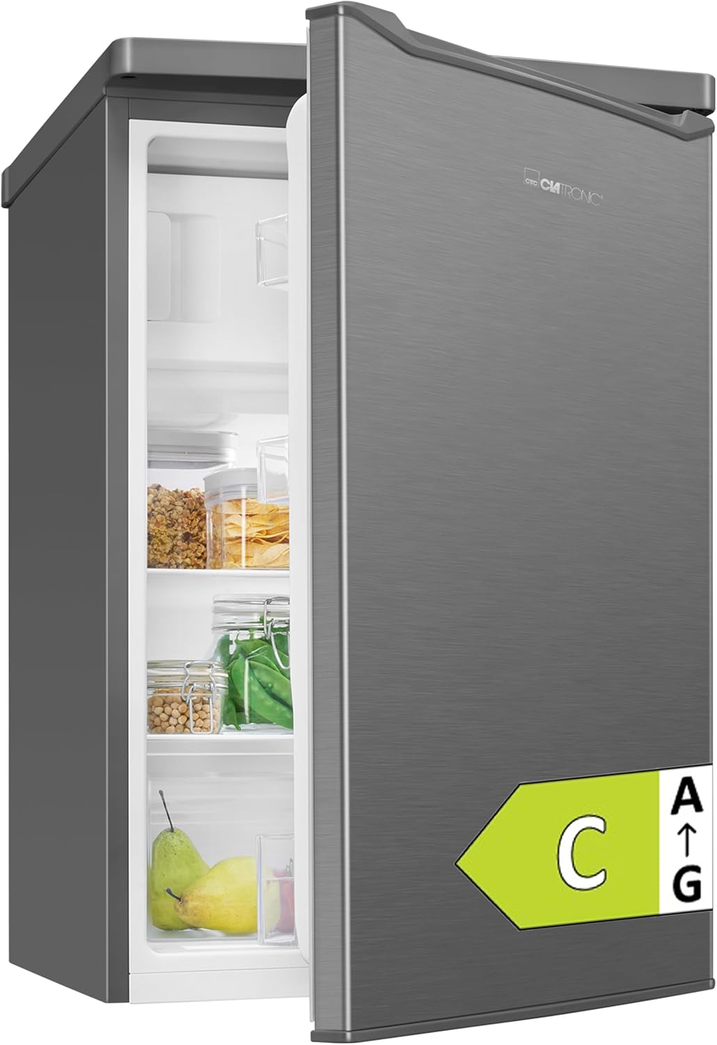 Clatronic® Kühlschrank mit Gefrierfach | Energieklasse C | 85cm | Kühl schrank klein | leise 37dB | Türanschlag wechselbar | 0°C - 8°C | 109L Fridge | kleiner Kühl-schrank KS 101 inox