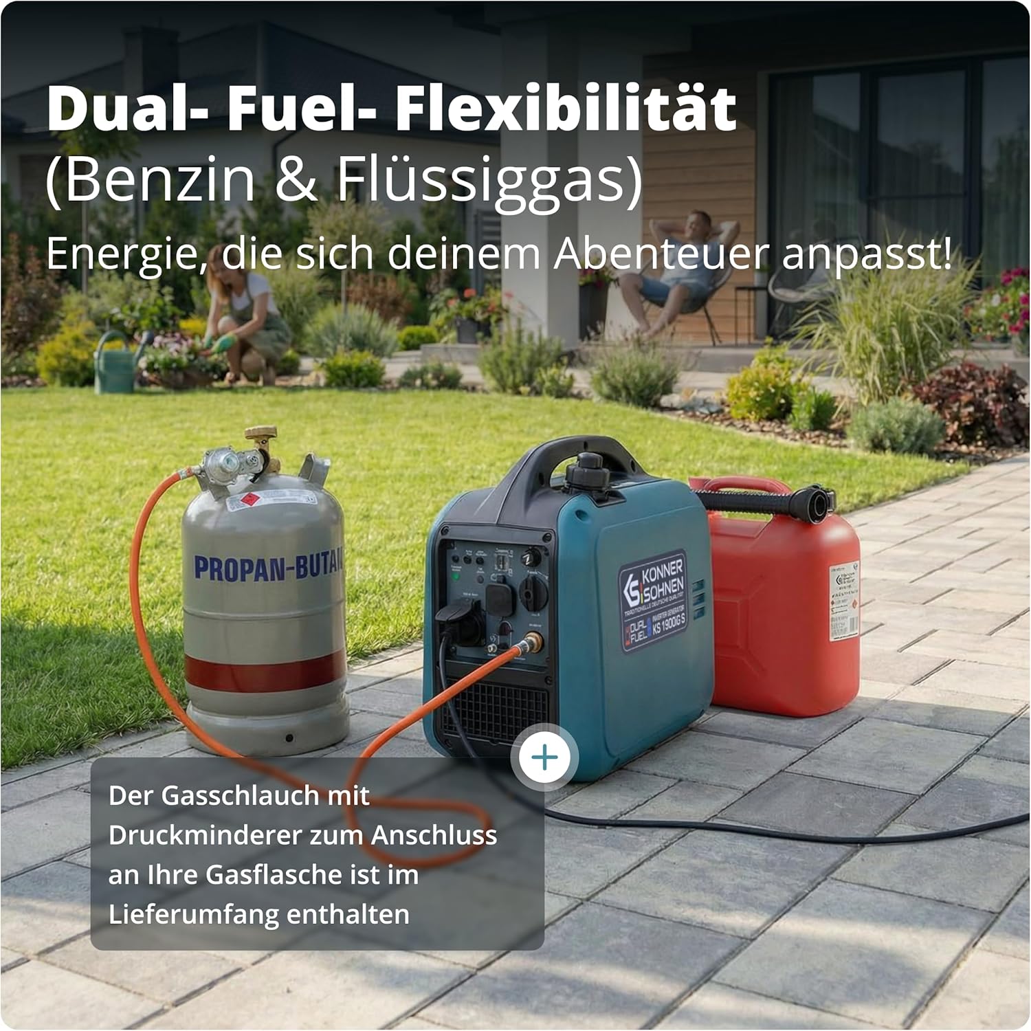 Könner  und  Söhnen Inverter Stromerzeuger KS 1900iG S, 2000W Dual Fuel Generator (LPG/Benzin), Notstromaggregat Leise, 17kg Ultraleicht, Reine Sinuswelle, Eco-Mode, USB, Euro-5
