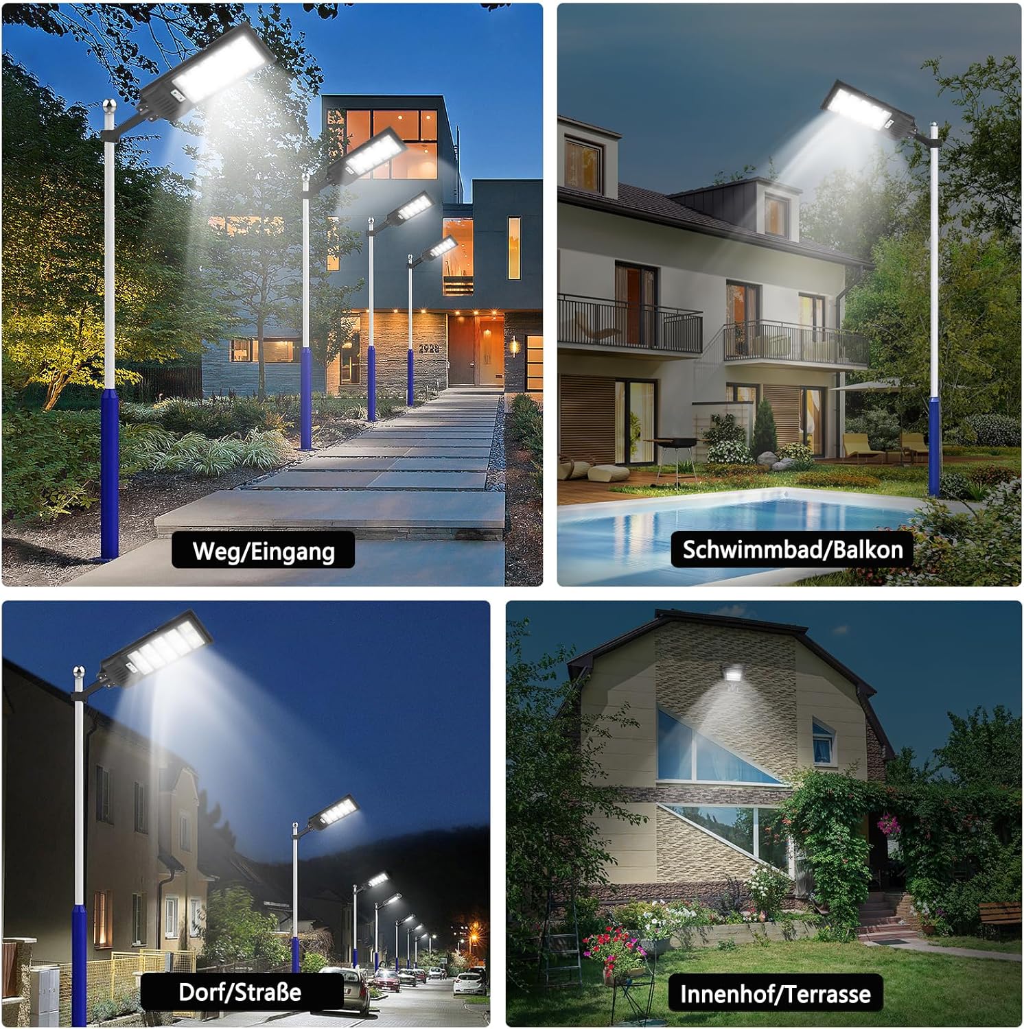 500W Solar Straßenlaterne, 6500K LED Strahler mit Bewegungsmelder Sensor, 8 Stück Solarlampen Straßenleuchte Wandleuchte Wegeleuchte Außen-Sicherheitsbeleuchtung für Garten Hof Garage Straßen