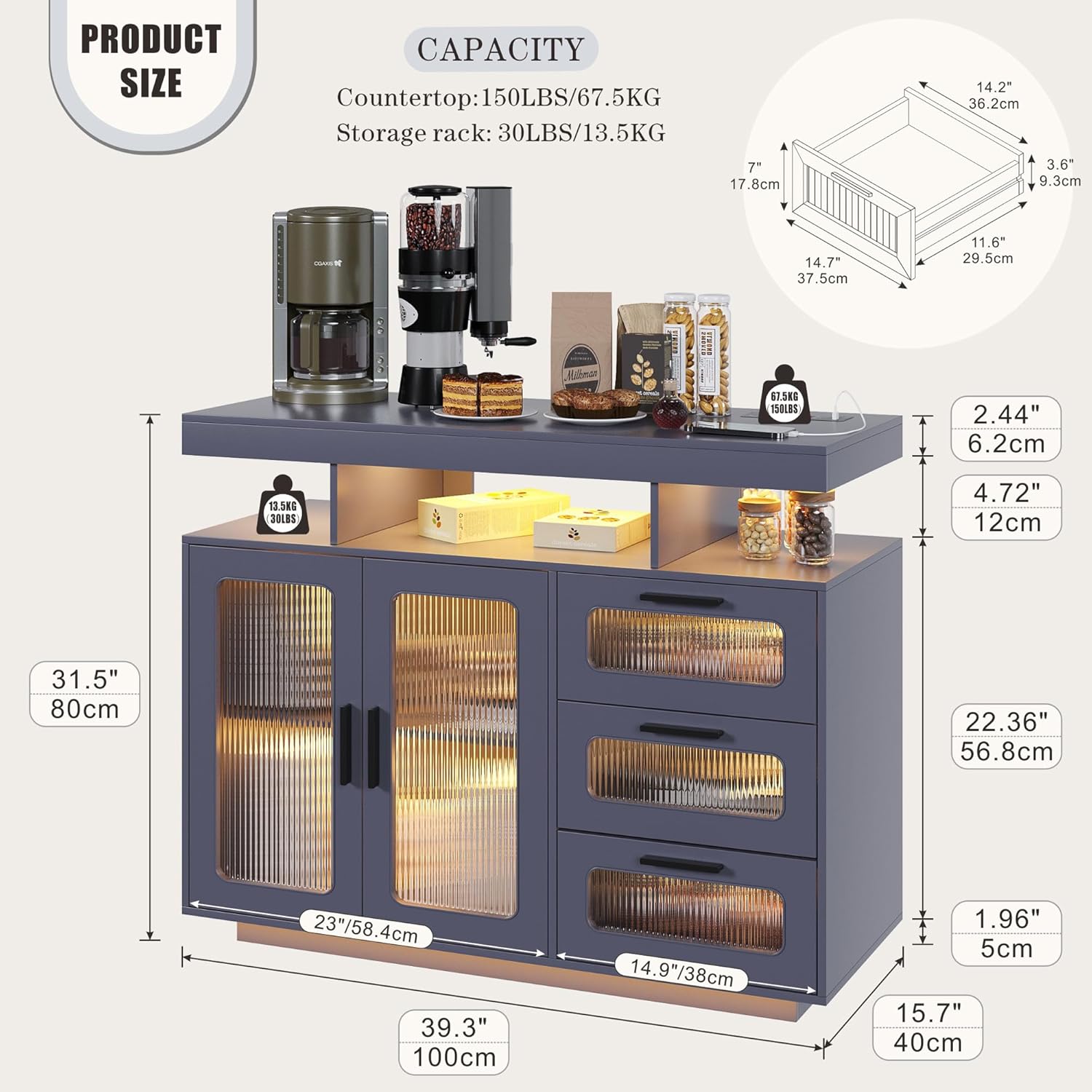 FREDEES RGB Küchenschrank mit Ladestation & LED-Beleuchtung, Sideboard Buffetschrank mit Stauraum für Küche und Esszimme, Gray