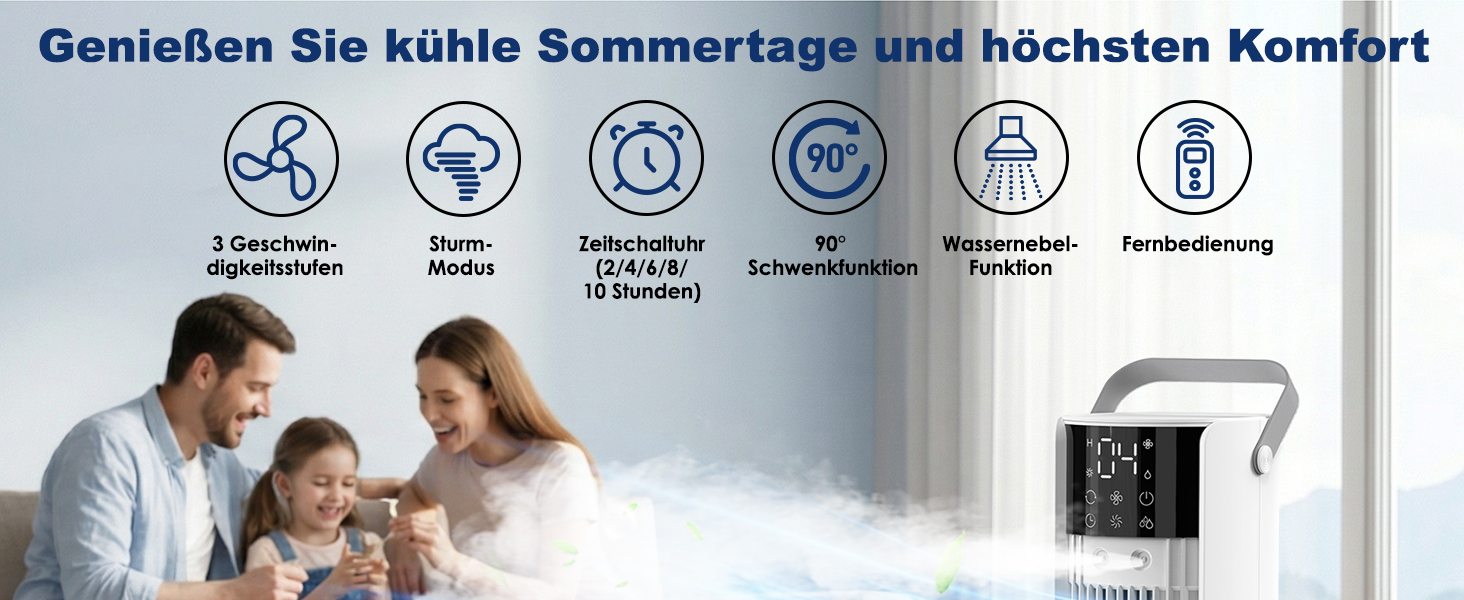 Der Text lautet „Genieflen Sie kühle Sommertage und höchsten Komfort“ mit sechs Funktionssymbolen und einem Familienbild neben einer tragbaren Klimaanlage mit Temperaturreglern.