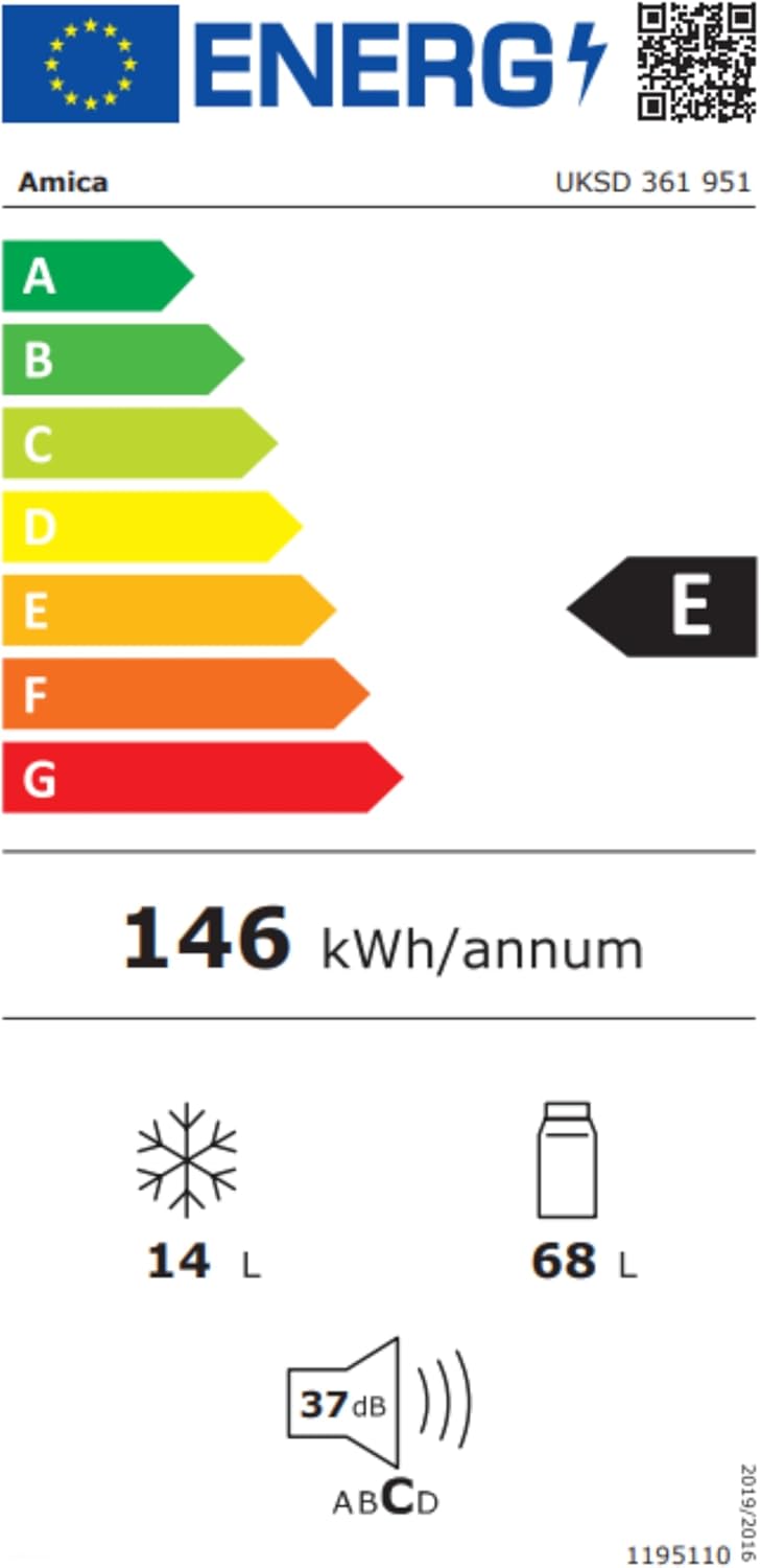 Amica Unterbau Kühlschrank dekorfähig für 815 cm Nische elektronische Steuerung Inverter Kompressor LED Beleuchtung Tür-Offen-Alarm, 82 liters