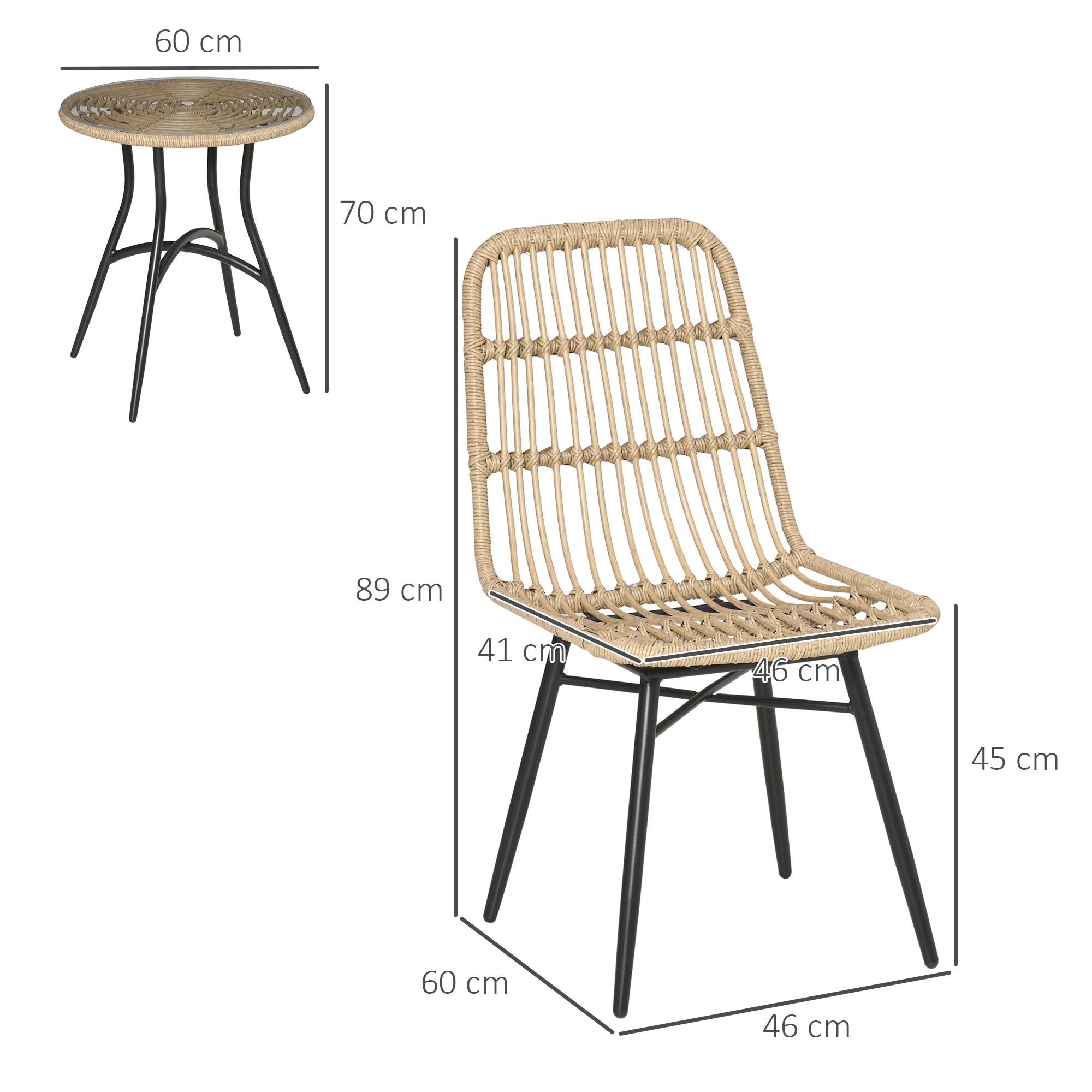 Outsunny 5-delige Polyrattan tuinmeubelset, eettafel met 4 stoelen, tuinmeubel met bijzettafel, tuinset, buiten, metaal, naturel