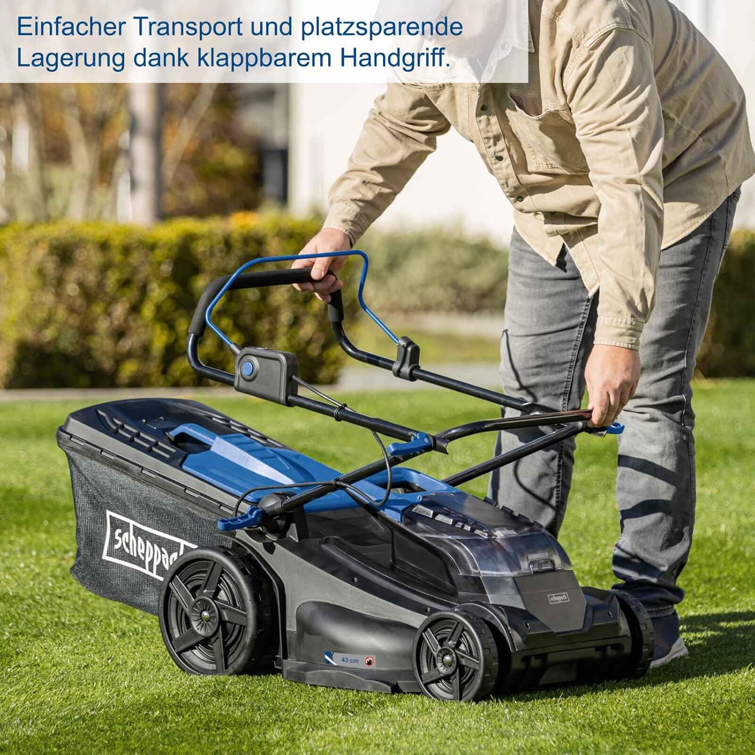 Scheppach Akku Rasenmäher BC-MP430-X 43cm Schnittbreite für 600-700m2 50L Korb Schnitthöhe 25-75mm Brushless 20V-IXES-Serie 10 Jahre Garantie 2X 4Ah Akku  und  Fastcharge Doppelladegerät