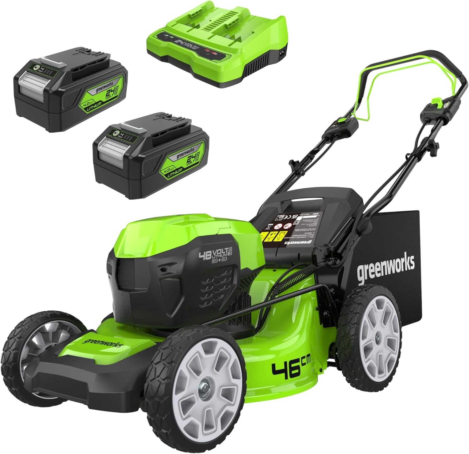 Greenworks Selbstfahrender Akku Rasenmäher 48V (24V x 2) bis zu 480m2, 46cm Schnittbreite, 55L Sack Rasenmäher Elektro Plus Zwei 4Ah-Akkus und Doppelladegerät,3 Jahre Garantie,GD24X2LM46SPK4X