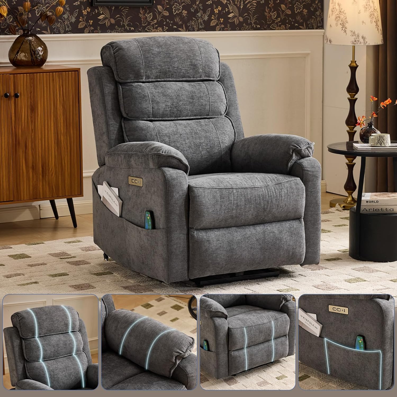 LEADZM Fernsehsessel Relaxsessel mit drahtloser Ladevorrichtung, 1 USB-Anschluss, 1 USB-C-Ladeanschluss, Liegen TV Sessel mit Massage Heizung, Getränkehalter (Dunkelgrau)