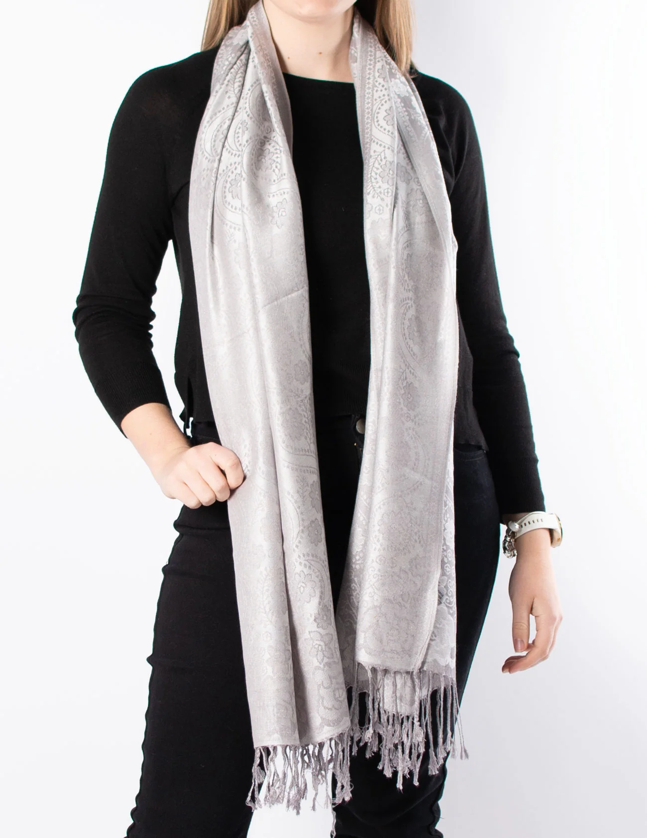 Grey And Silver Floral Pattern Pashmina