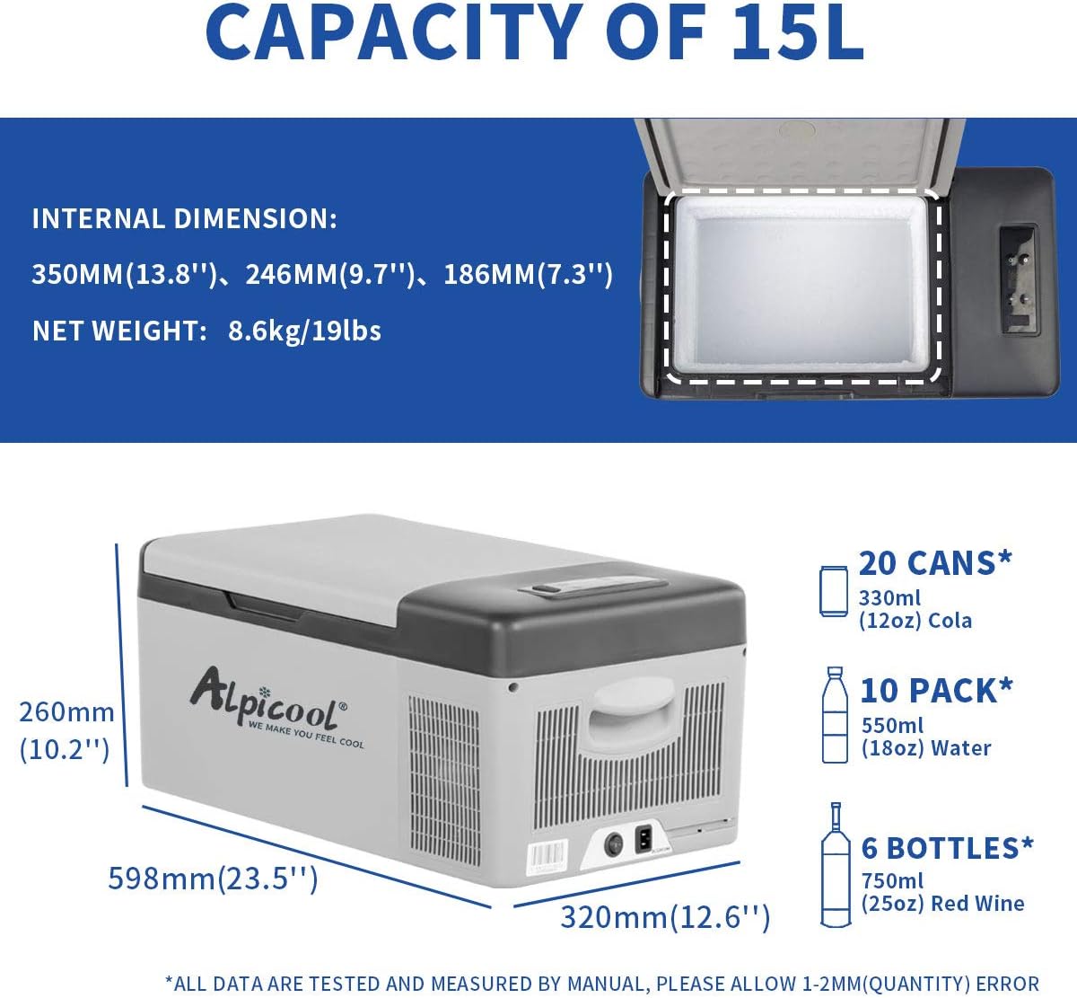 Alpicool C12 12L Cool Box 12 V Mini Fridge Electric Compressor Car Fridge Camping Freezer Box Small Portable for Car, Truck, Boat, RV with USB Connection