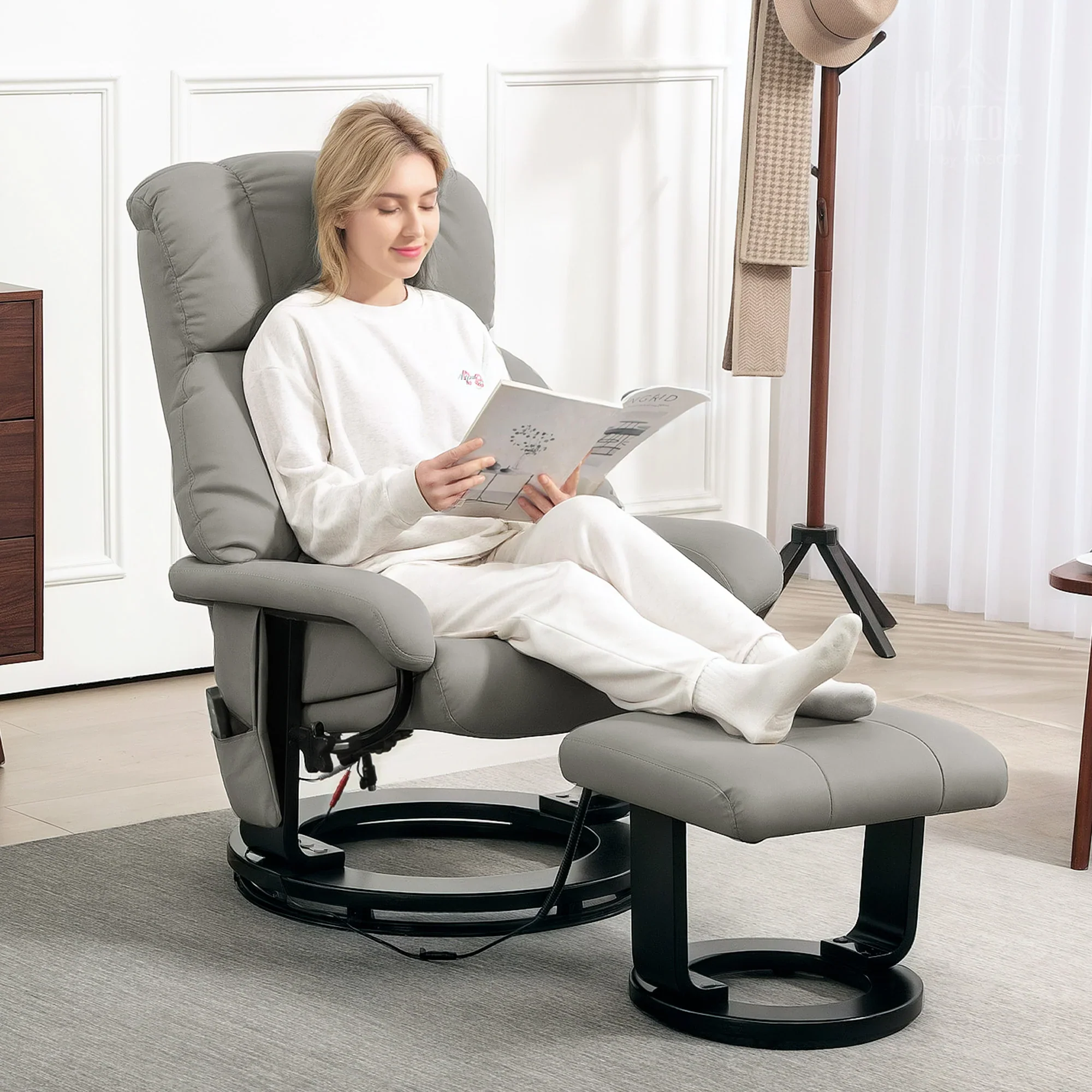 HOMCOM Relaxfauteuil grijs met massage-, ligfunctie & voetenbank, kunstleer