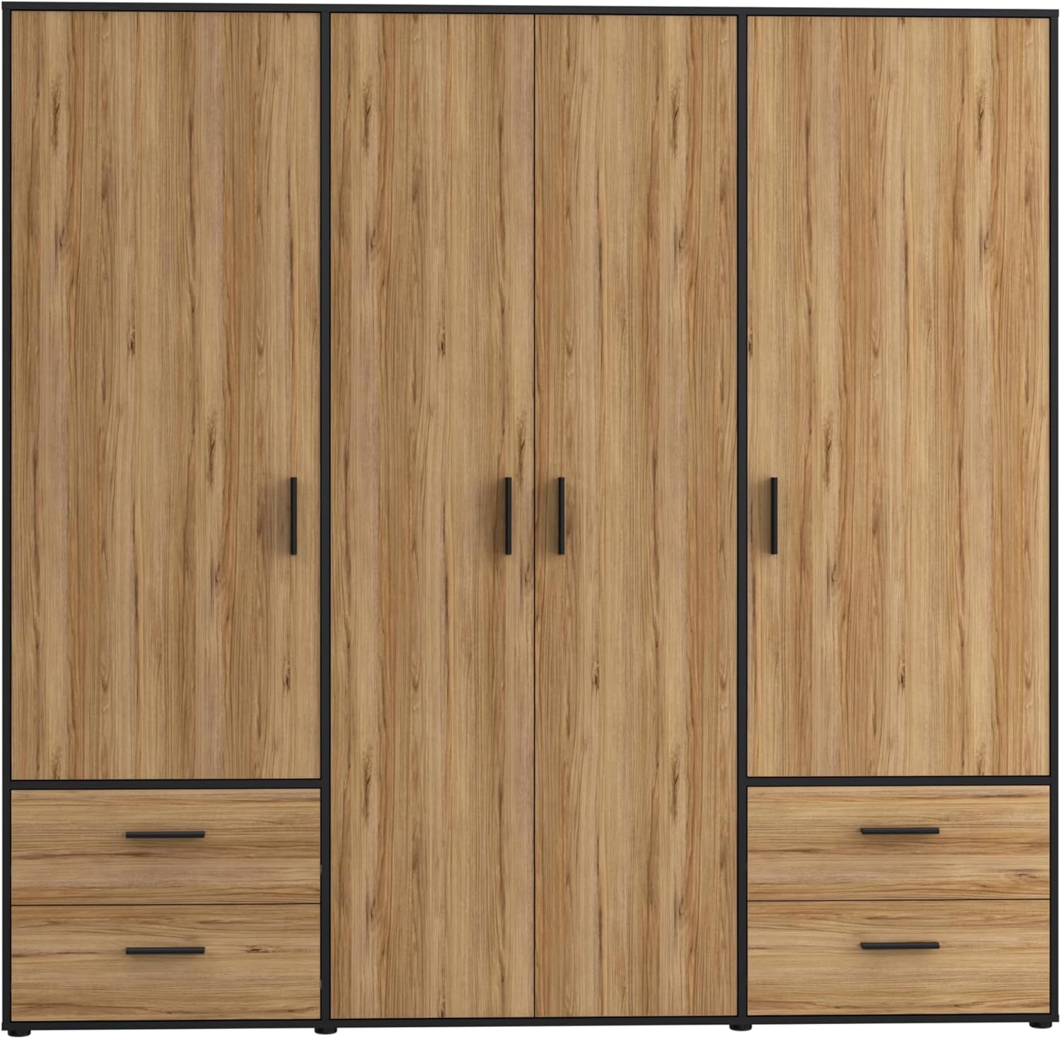 FORTE Jupiter Schrank 200 210, Kleiderschrank, Drehtürenschrank, 4-türig, mit 4 Schubladen und Einlegeböden, Schwarz mit Holz Dekor: Catania Eiche, 206 cm breit x 53 cm tief x 200 cm hoch