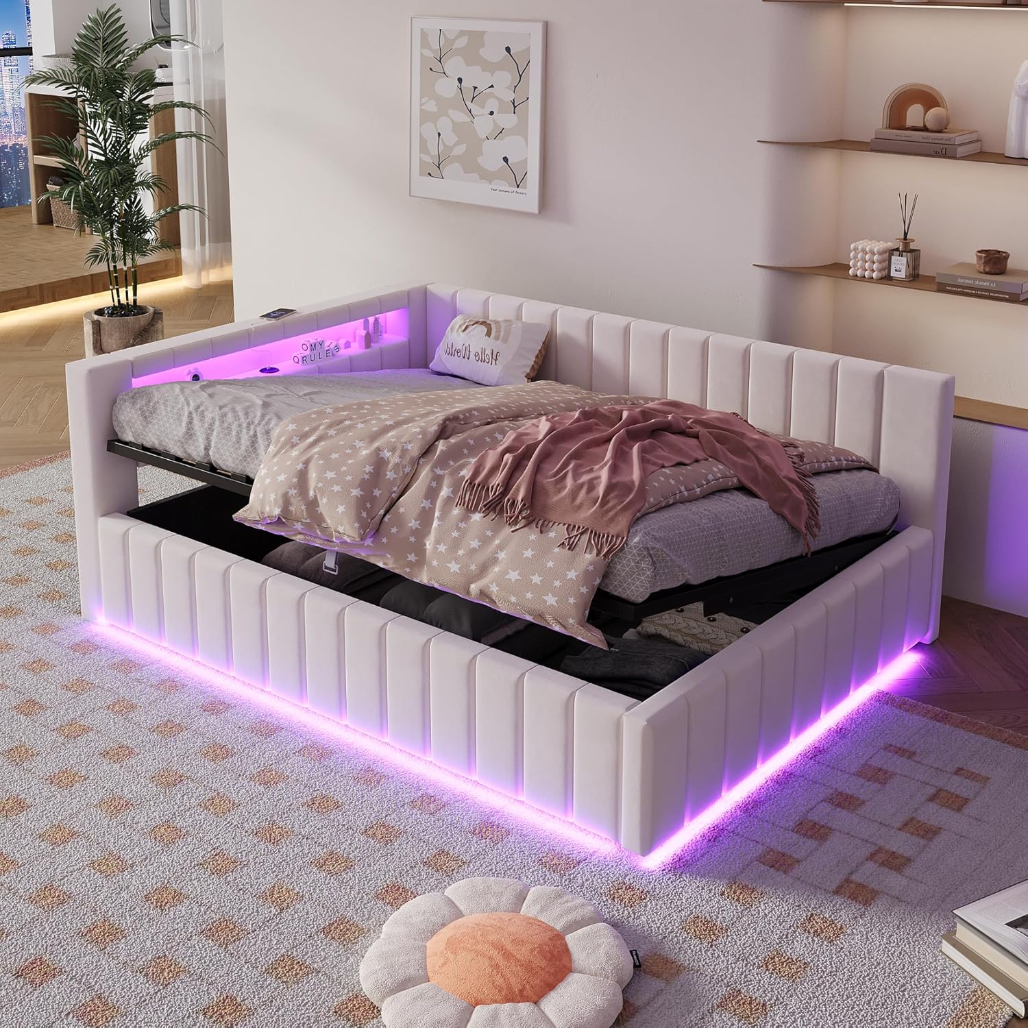 Polsterbett Schlafsofa 140x200, Doppelbett mit Hydraulischem Stauraum, mit LED-Licht und USB-Ladefunktion, Tagesbett Jugendbett mit Lattenrost, Samtstoff, ohne Matratze (Beige)