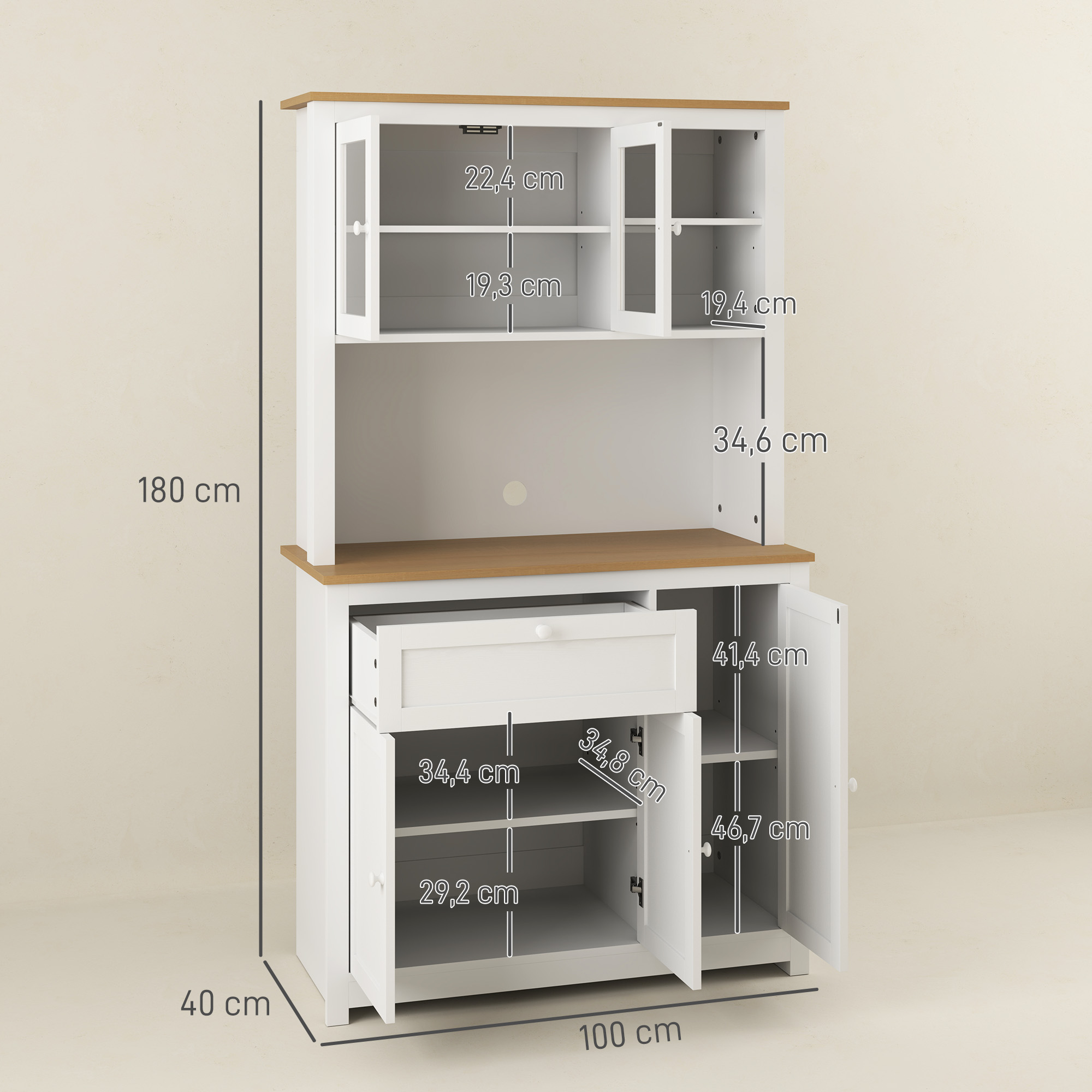 Landhuisstijl Keukenkast, 1 Vitrine, 1 Open Schap, 1 Lade, 2 Kasten, Natuur + Wit