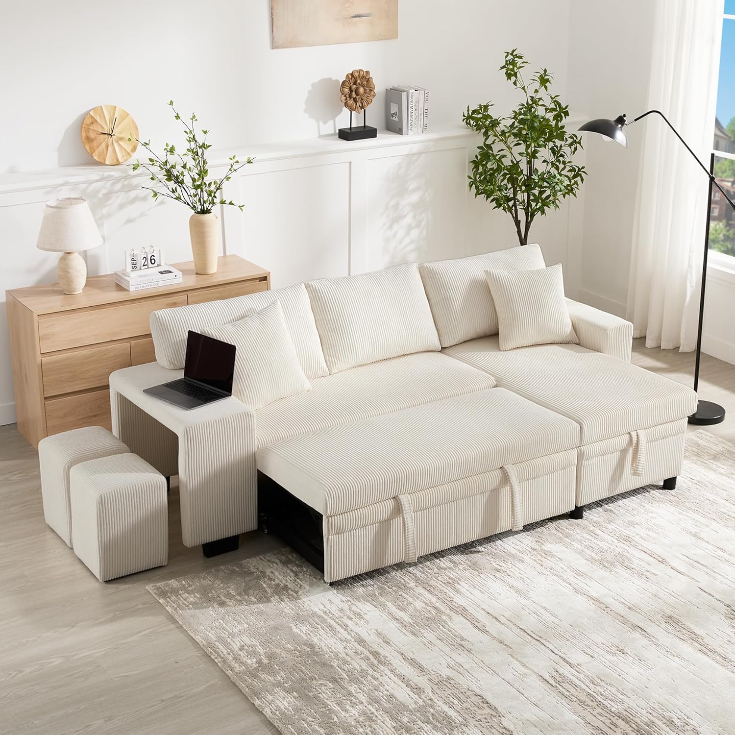 Klappsofa mit Schlaffunktion, L-förmiges umbaubares Ecksofa mit USB-Ladeanschluss und Kissen, 3-Sitzer-Umbausofa mit Seitenablagen und Stauraum