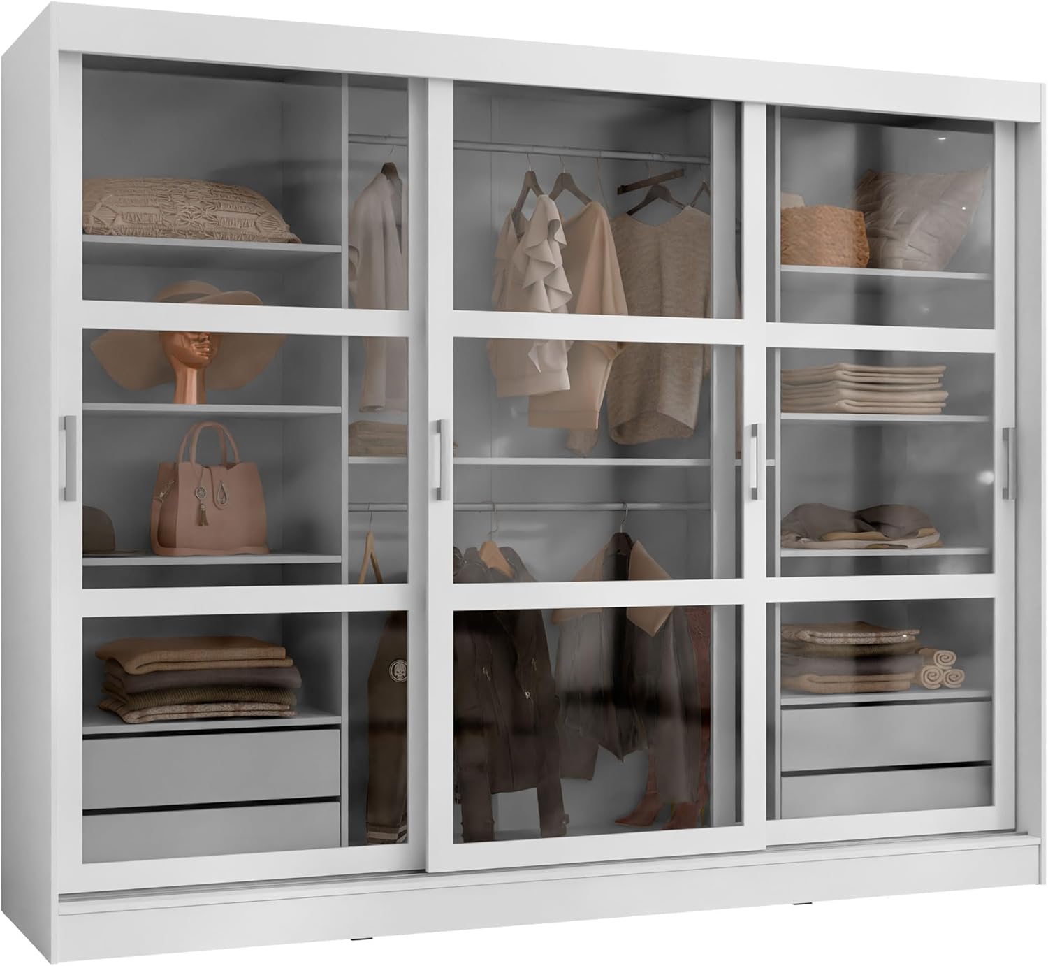 Mirjan24 Kleiderschrank Norlio mit Glastüren und Schubladen, Schwebetürenschrank mit Rauchglas, Schiebetürenschrank mit einlegeböden und Stange, Garderobe (Weiß, ohne Beleuchtung)