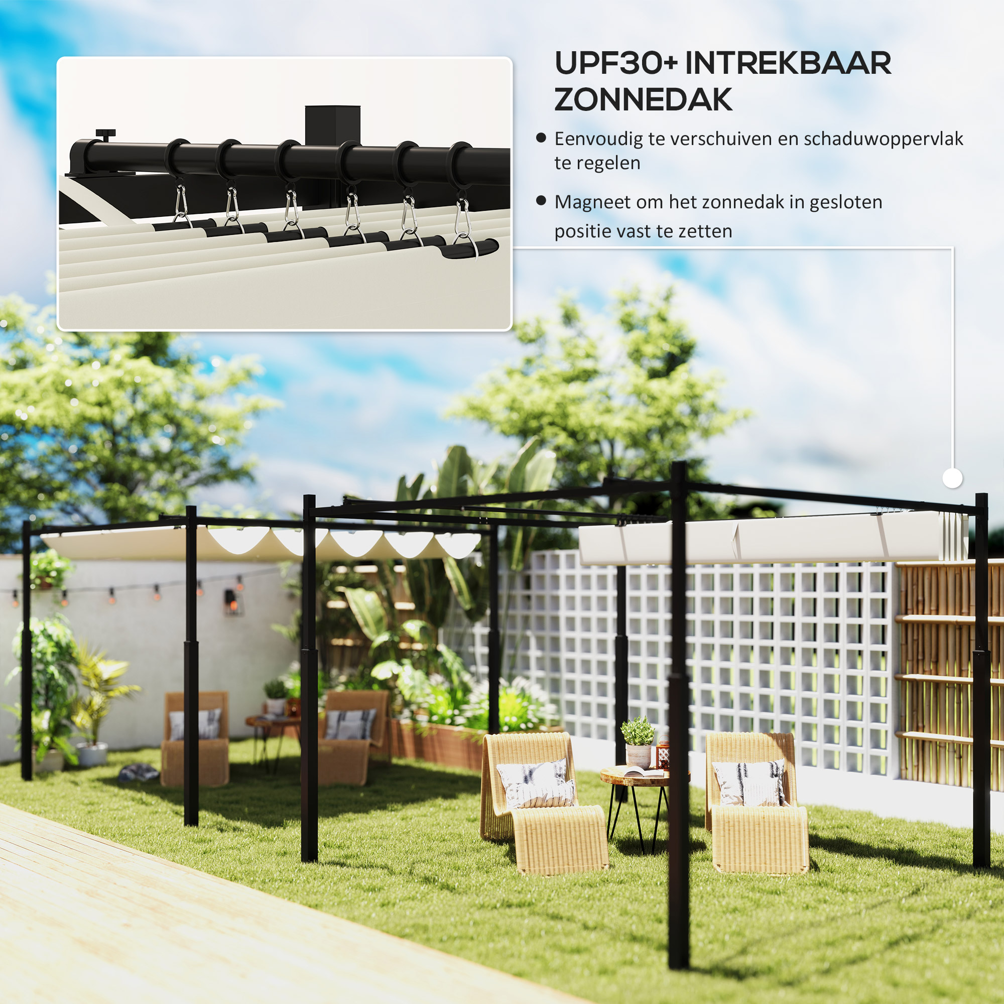 Outsunny Tuin Pergola, 3 x 3 m, Uitschuifbaar Dak en Magneetpad, Buiten Luifel, Tuinpaviljoen, UPF30+, Metaal, Cr��mewit