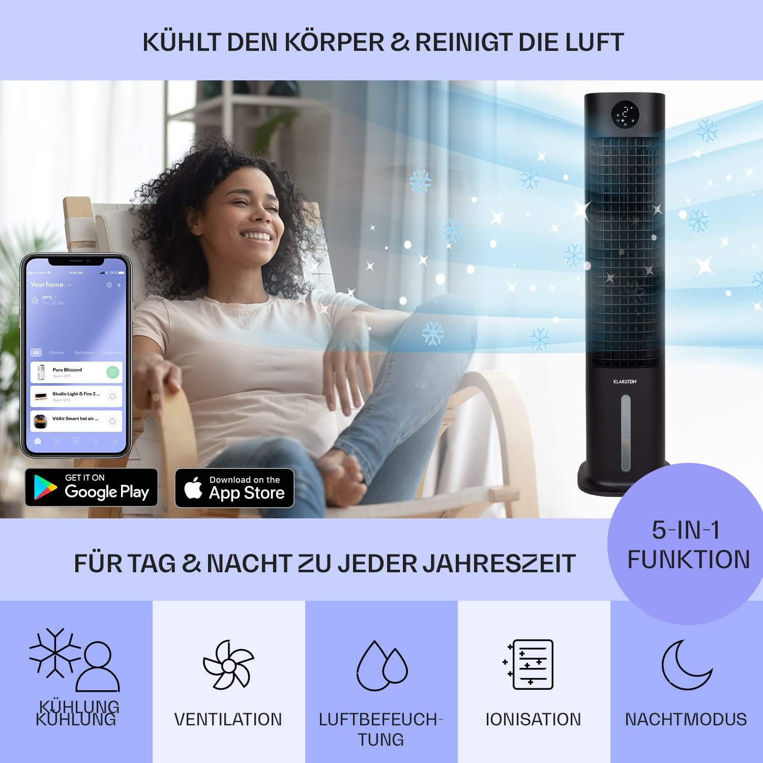 Klarstein Luftkühler mit Wasserkühlung, 5-in-1 Verdunstungskühler, Luftbefeuchter, Ventilator & Luftreiniger, Mobile Klimageräte Luftkühler mit App-Steuerung, 80W Air Cooler, 462m³/h Luftstrom, Weiß