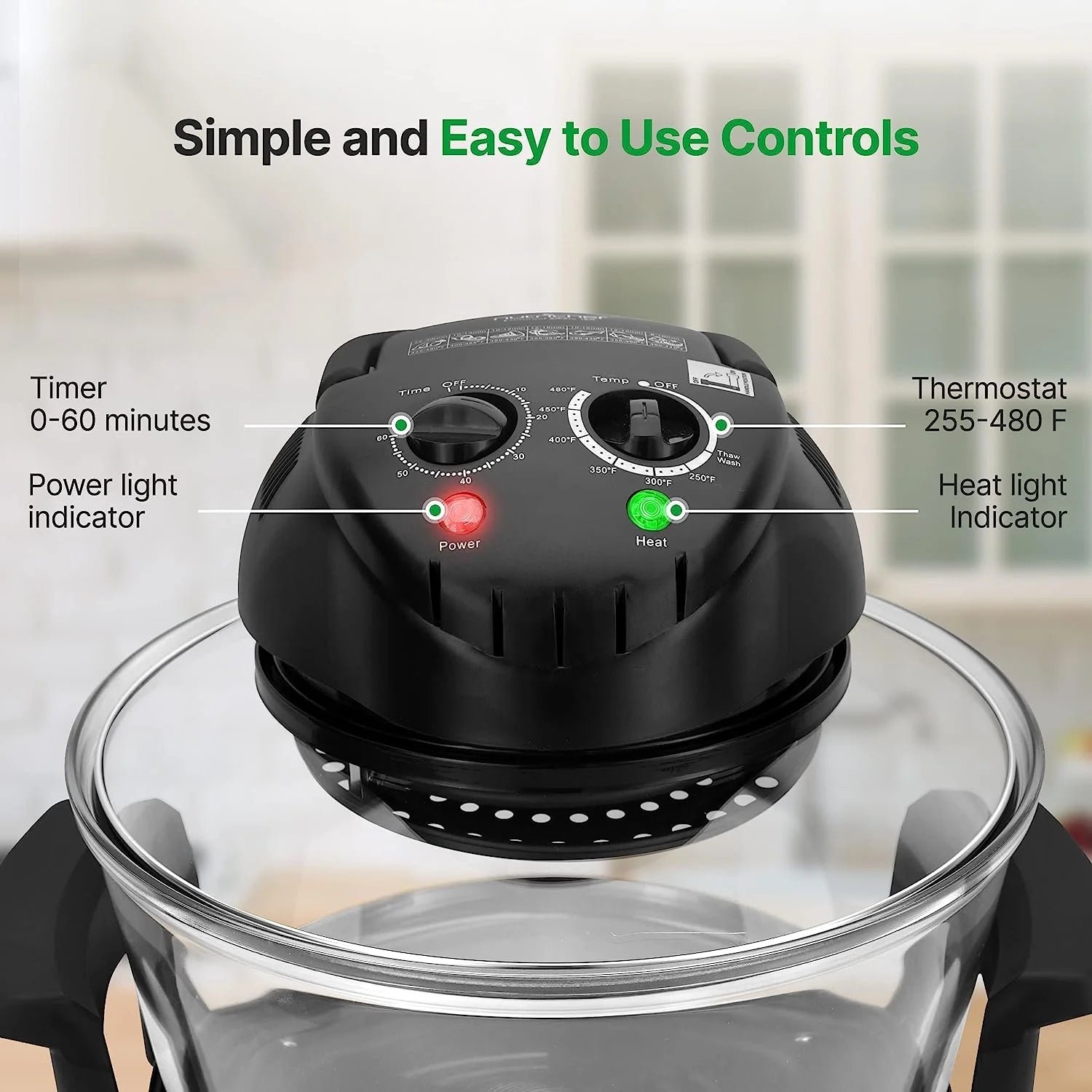 18 Quart Convection Countertop Air Fryer – See through Glass for Best Cooking Results – Air Fryer, Roaster, Bake, Grill, Steam & Roast – Includes Glass Bowl, Broil Rack & Toasting Rack