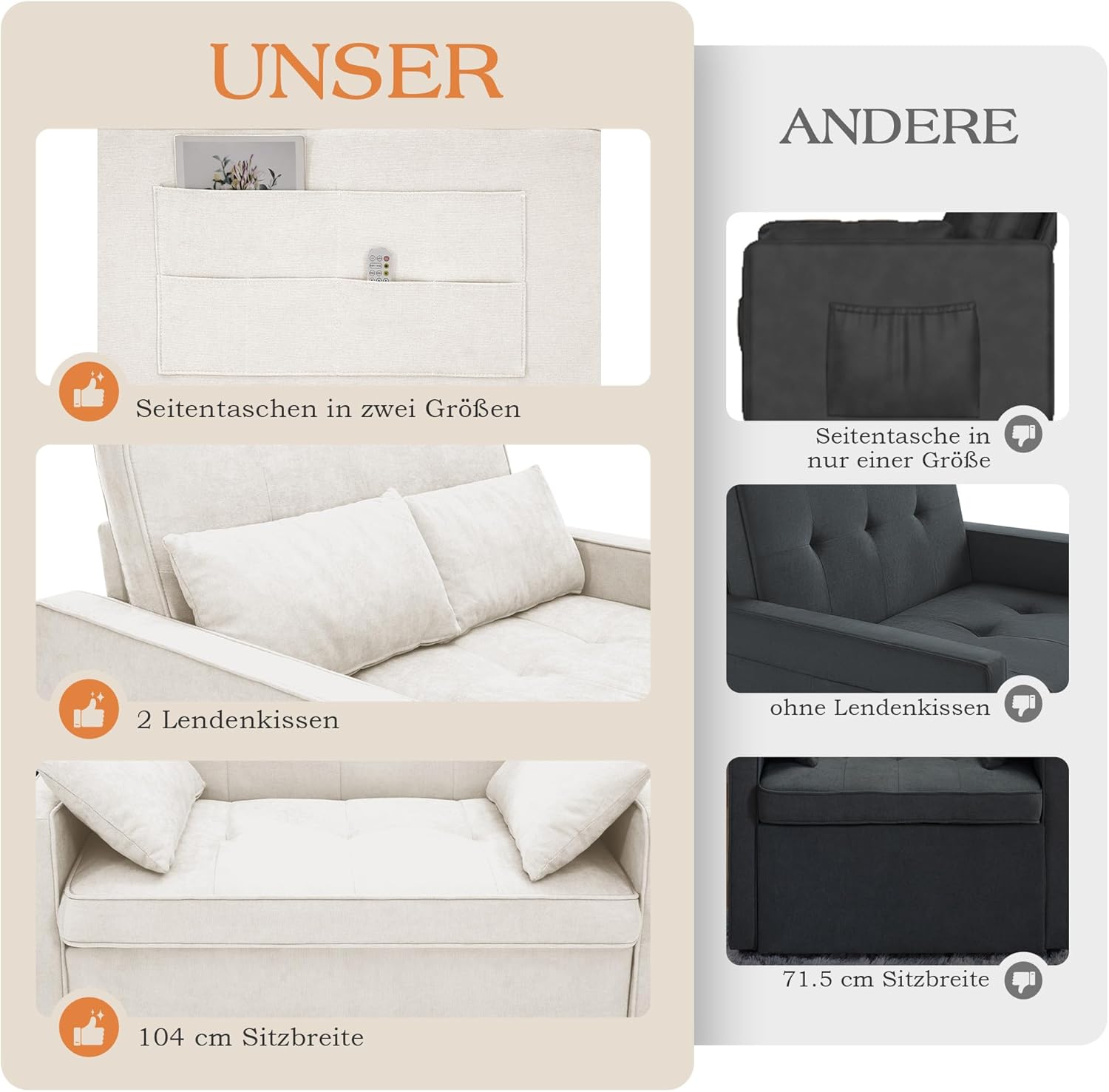Schlafsofa 186 x 122 cm mit 5-stufig Verstellbarer Rückenlehne, 3-in-1 Schlafcouch mit Kissen und Seitentasche, cremeweißes Leinen-Sofa für Gästezimmer  und  kleine Räume