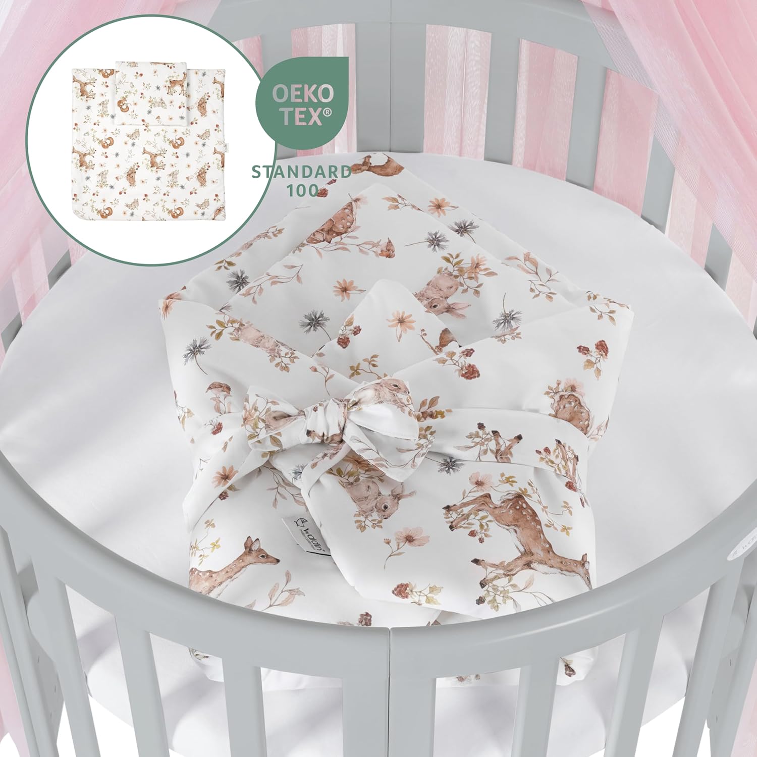 Waldin Oval Baby-Bett Mitwachsend Komplett Set 7in1, Gitterbett, Kinderbett mit Matratze, Wickelkommode, Beistellbett, Holz Weiß