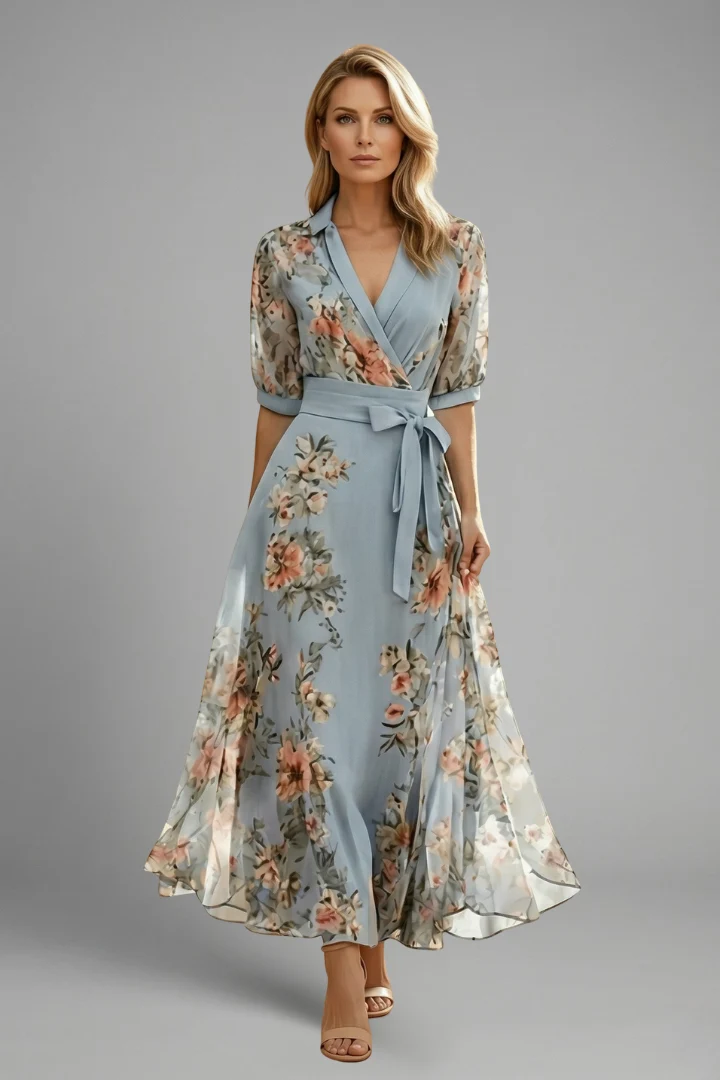 Damen Midi-Kleid mit V-Ausschnitt und Blumenmuster | Kurzarm Freizeitkleid mit Stretch-Anteil und taillierter Passform