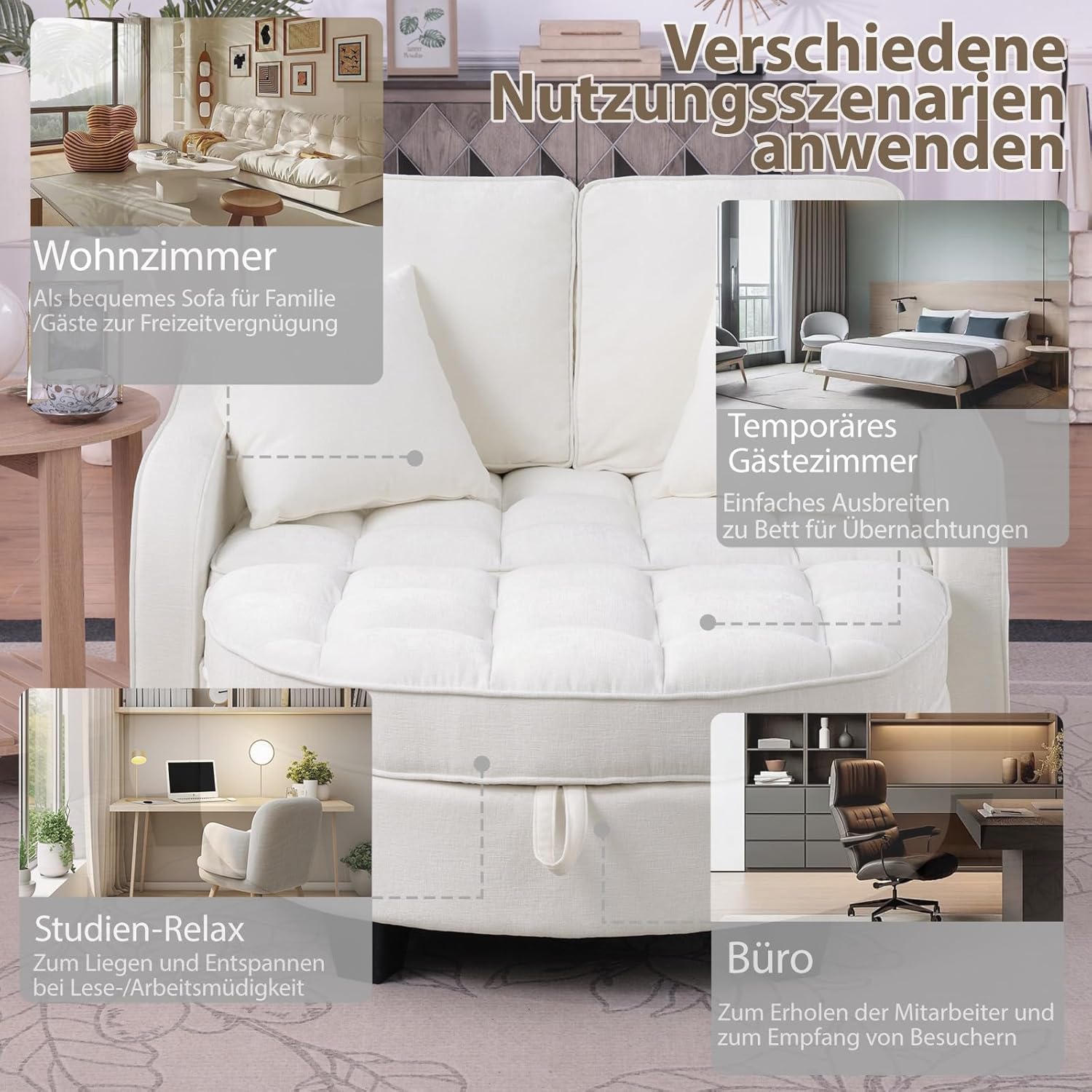 Sofa mit Schlaffunktion, 2-in-1 Schlafsofa, Modulares Sofa, Aufbewahrungs-Hocker & 4 Kisse, für Kleine Wohnzimmer, Studienzimmer, Schlafzimmer, 132×129×93cm (Beige)