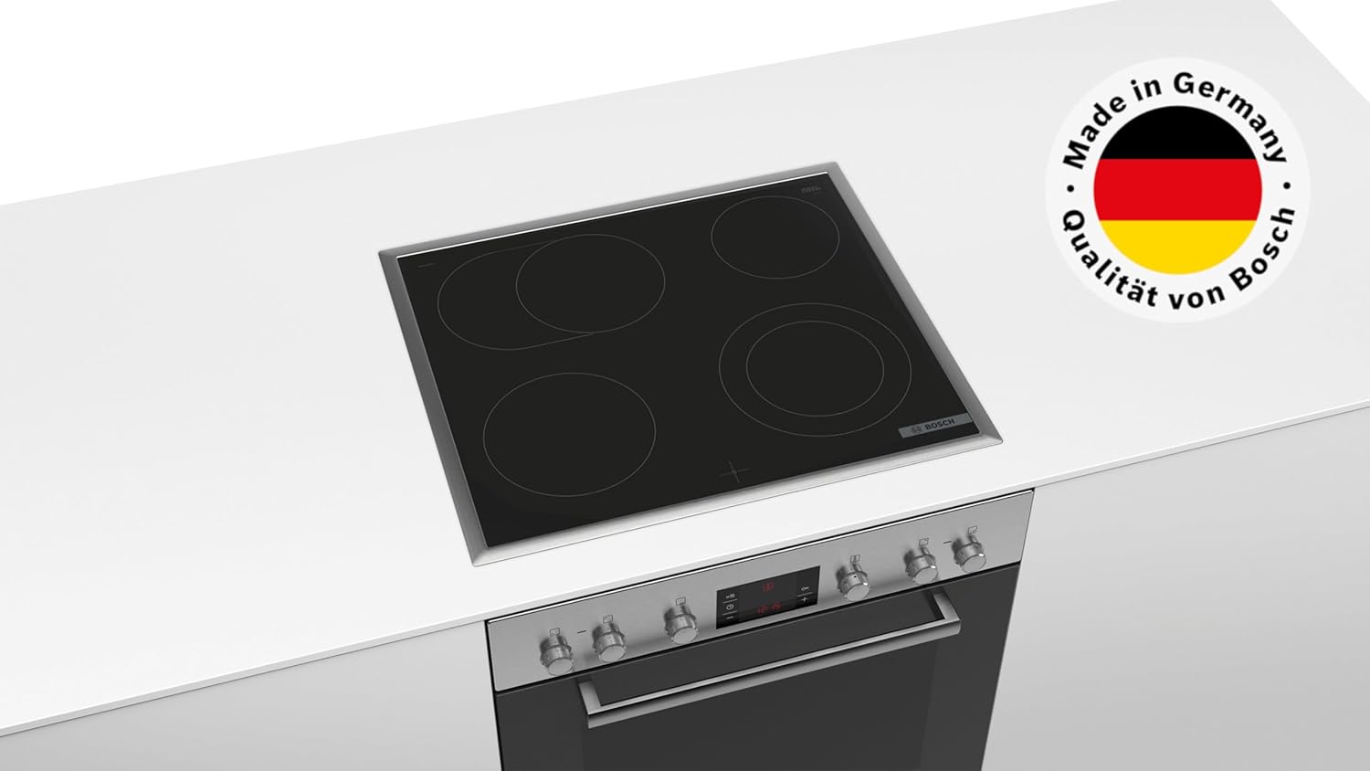 Bosch HND411LW63, Einbau-Herd-Set, Einbau-Herd 60 cm, HEA513BS3, Serie 4, 3D Heißluft, Einfache Bedienung, Weiß  und  Elektro-Kochfeld 60 cm, NKN645GA2E, Serie 4, Herdgesteuert, 21cm Kochzone, Mit Rahmen