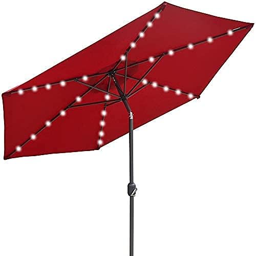 Garten-Sonnenschirm, runder Sonnenschirm mit gebogenem Schirmmast, LED-Hof-Sonnenschirm ohne Sockel, Solar-Lichtschirm, tragbarer Markt-Esstisch-Sonnenschirm für Strandgarten (braun 2,0 m)
