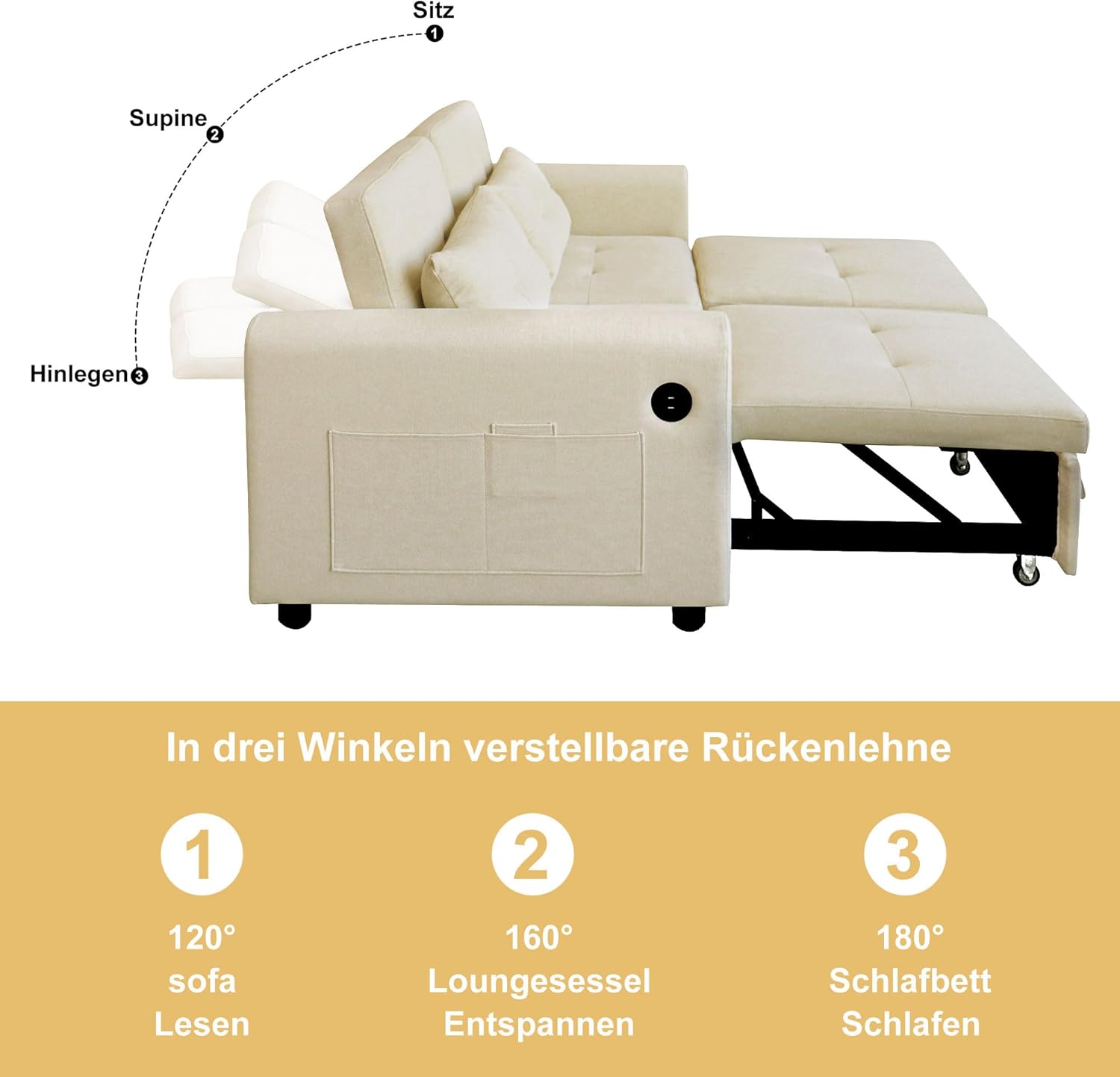 Loveseat-Sofa, 3-in-1-Ausziehsofa mit Verstellbarer Rückenlehne, USB, Armlehnentaschen und Kissen. Geeignet für Wohnzimmer, Schlafzimmer, Wohnung Usw.，Beige