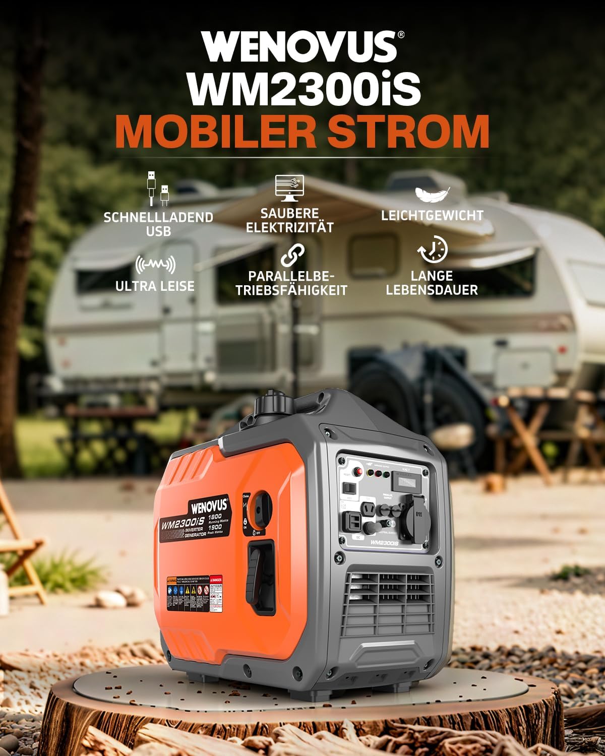 Superleise Tragbarer 1900W 4 Takt mit 230V Steckdose und USB Inverter Stromerzeuger Benzin Stromgenerator Notstromaggregat für Backup Bei Stromausfällen für Camping Wohnwagen Wohnmobil Garage