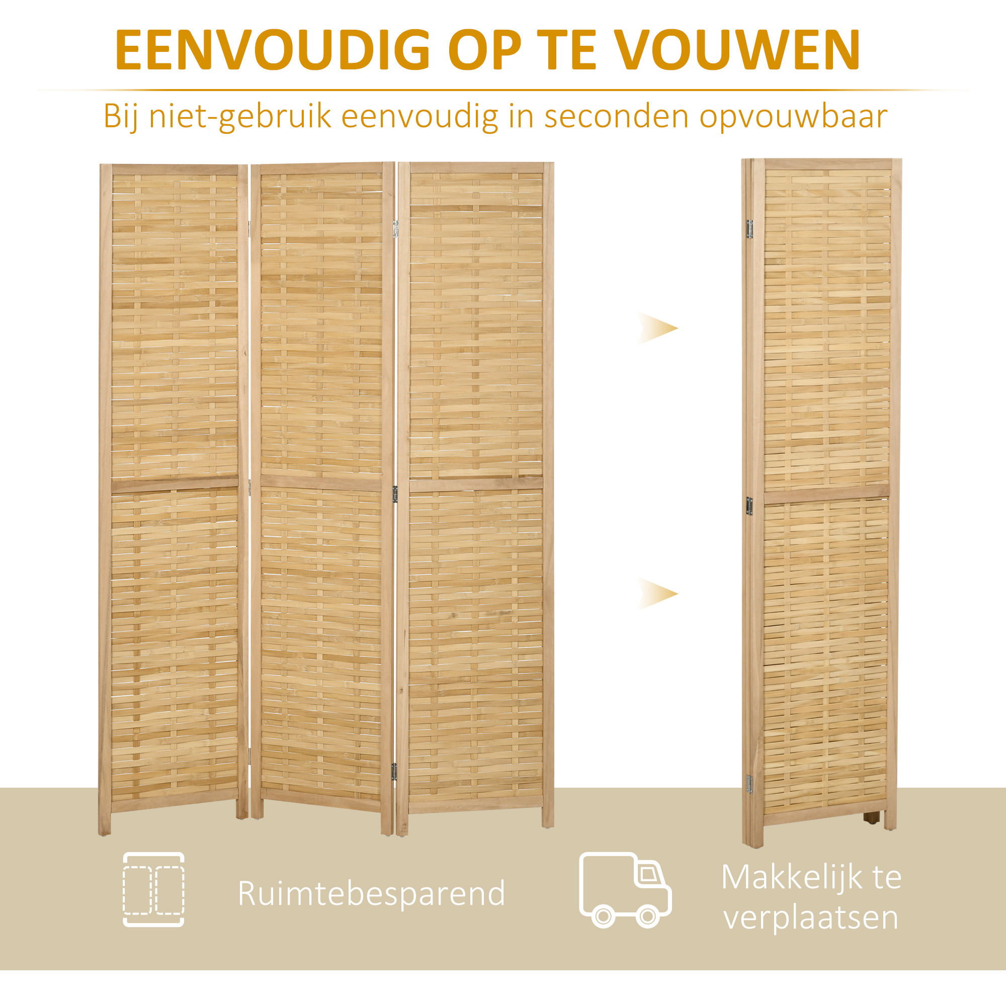Klapbare Scheidingswand Privacy Scherm, Bamboe, 3-delig, 120 cm x 170 cm x 1,8 cm, Natuurlijk