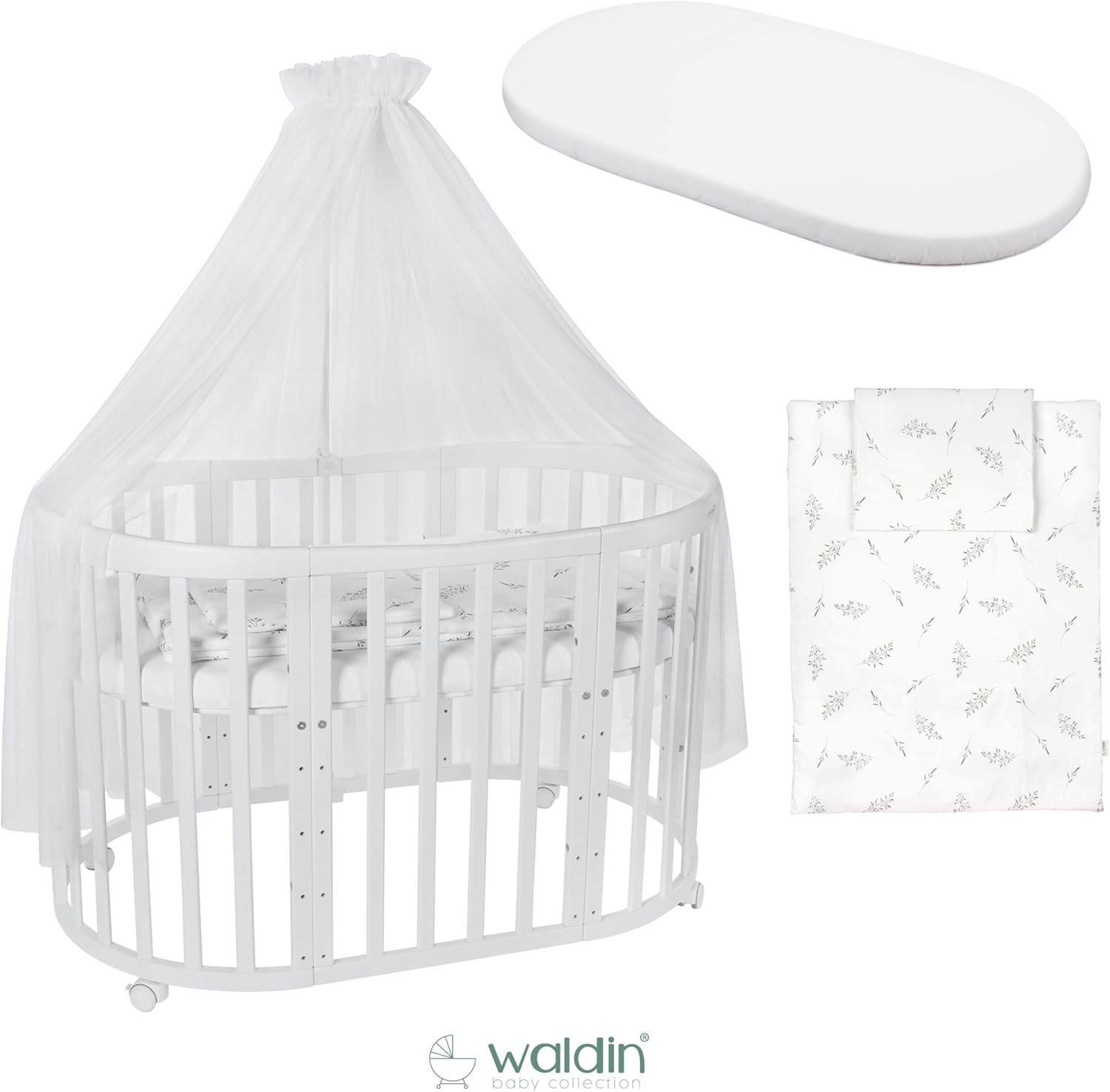 Waldin Oval Baby-Bett Mitwachsend Komplett Set 7in1, Gitterbett, Kinderbett mit Matratze, Wickelkommode, Beistellbett, Holz Weiß