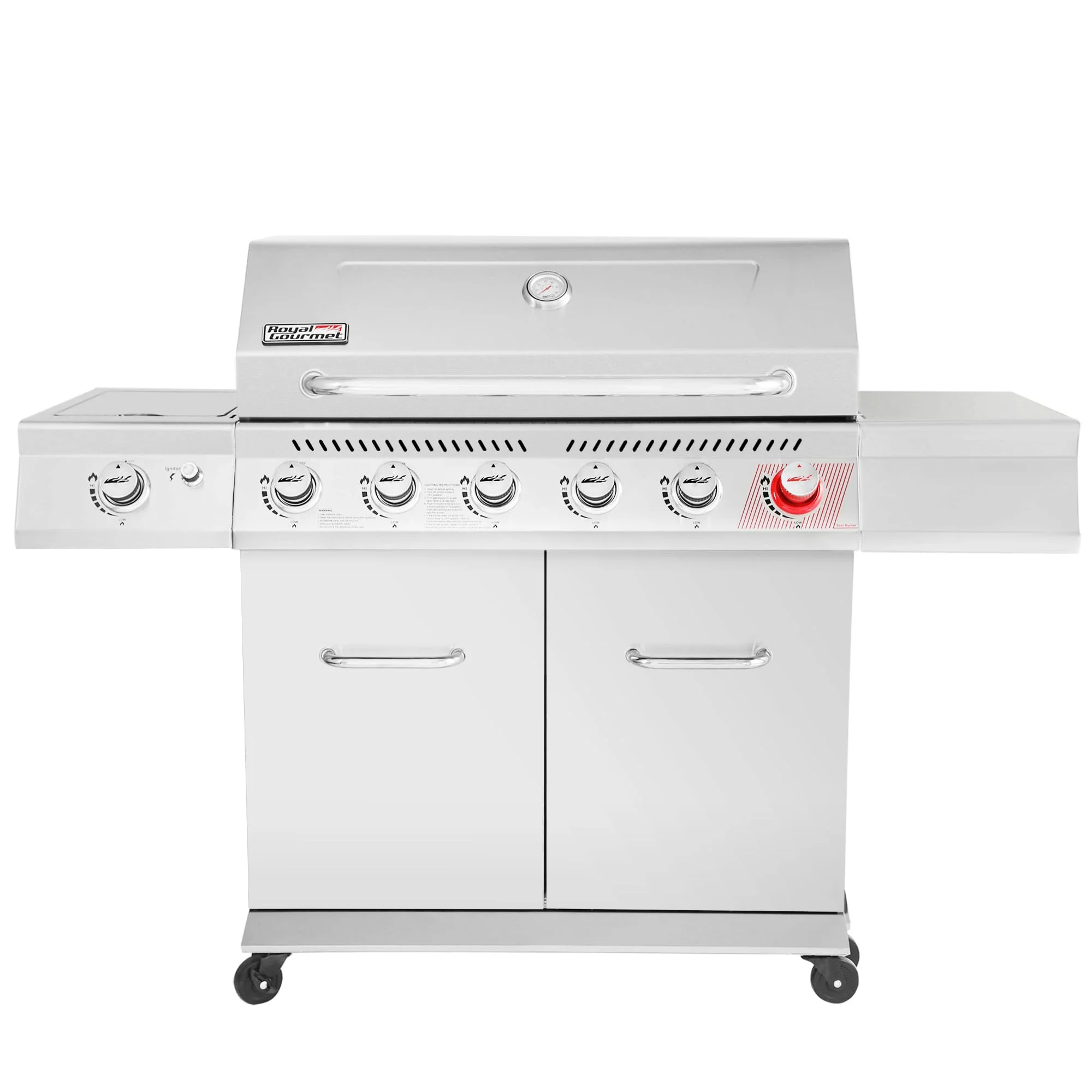 Stainless Steel Gas Grill, Premier 6-Burner Propane Grill with Sear Burner and Side Burner, 74,000 BTU, Cabinet Style, Outdoor BBQ Party Grill, Silver