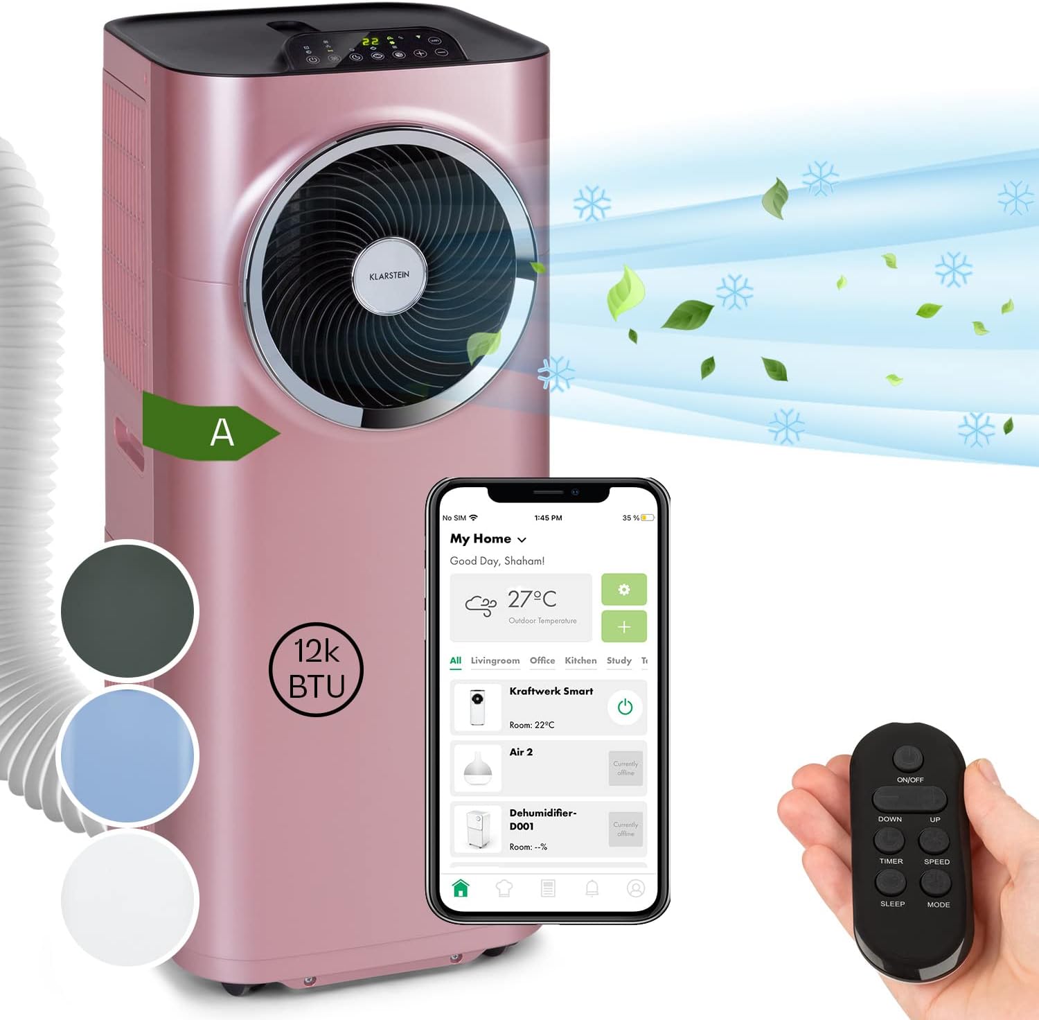 Klarstein Mobile Klimaanlage mit Abluftschlauch, 5-in-1 Klimagerät, Ventilator, Luftentfeuchter, Luftreiniger & Nachtmodus, App-Steuerung, Kleine & Portable für Wohnung & Büro, 12000 BTU