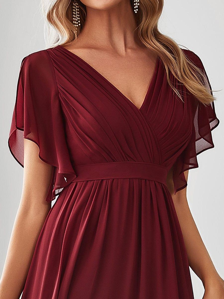 Abendkleid Damen Maxi A-Linie aus Chiffon | Festliches Kleid f��r Hochzeitsg?ste mit V-Ausschnitt und Fl��gel?rmeln