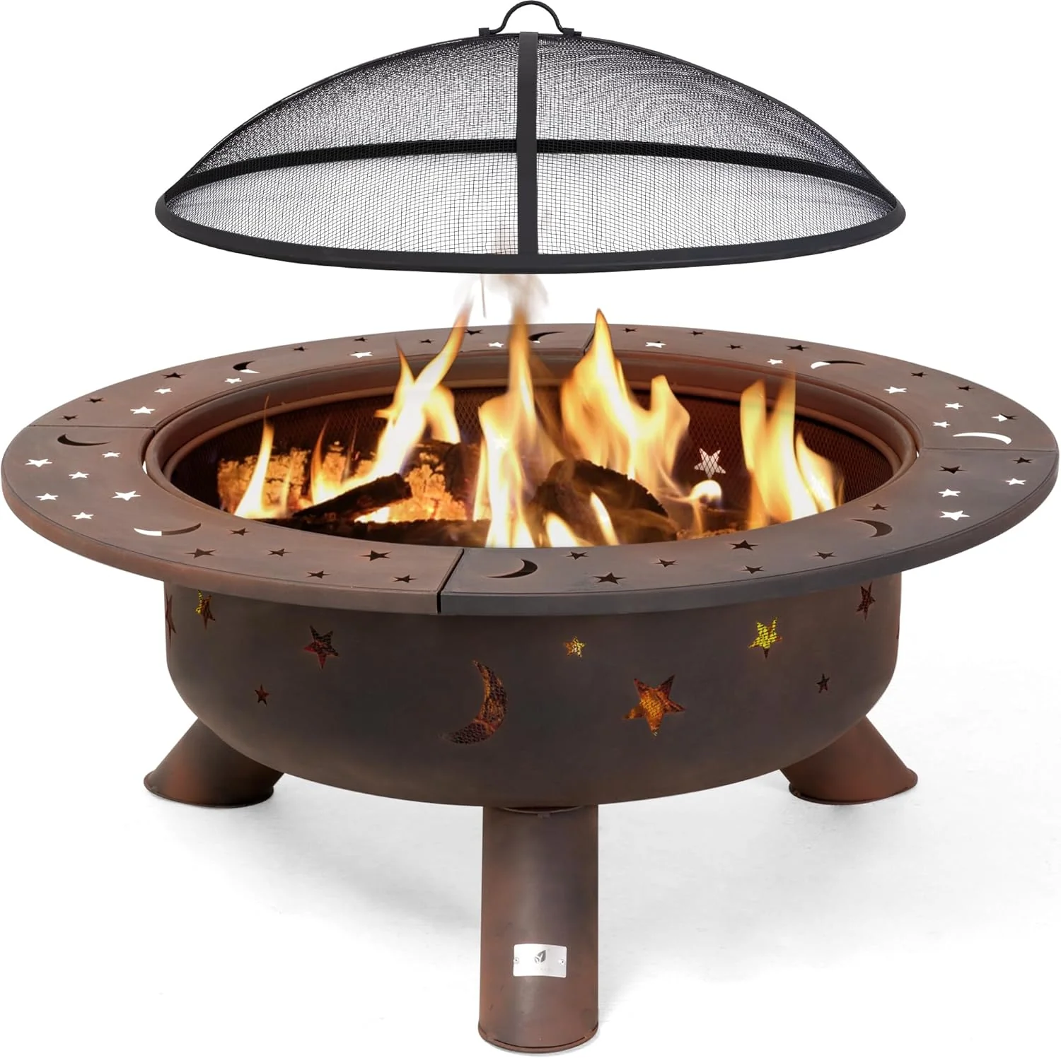 SUNCREAT 42” Patio Fire Pit Wood Burning with Mesh Spark Screen, Bonfire Outdoor firepit with Fireplace Poker, Black