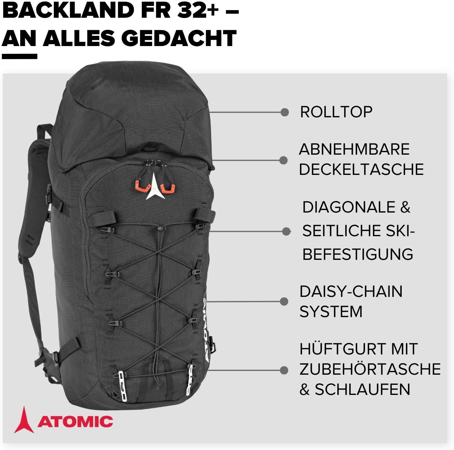 ATOMIC Backland FR 24+ Black - leichter Skitouren-Rucksack mit flexiblem Stauraum & Rolltop - alpiner Wanderrucksack mit mehr als 24L - robuster & vielseitiger Ski-Rucksack mit Hüftgurt