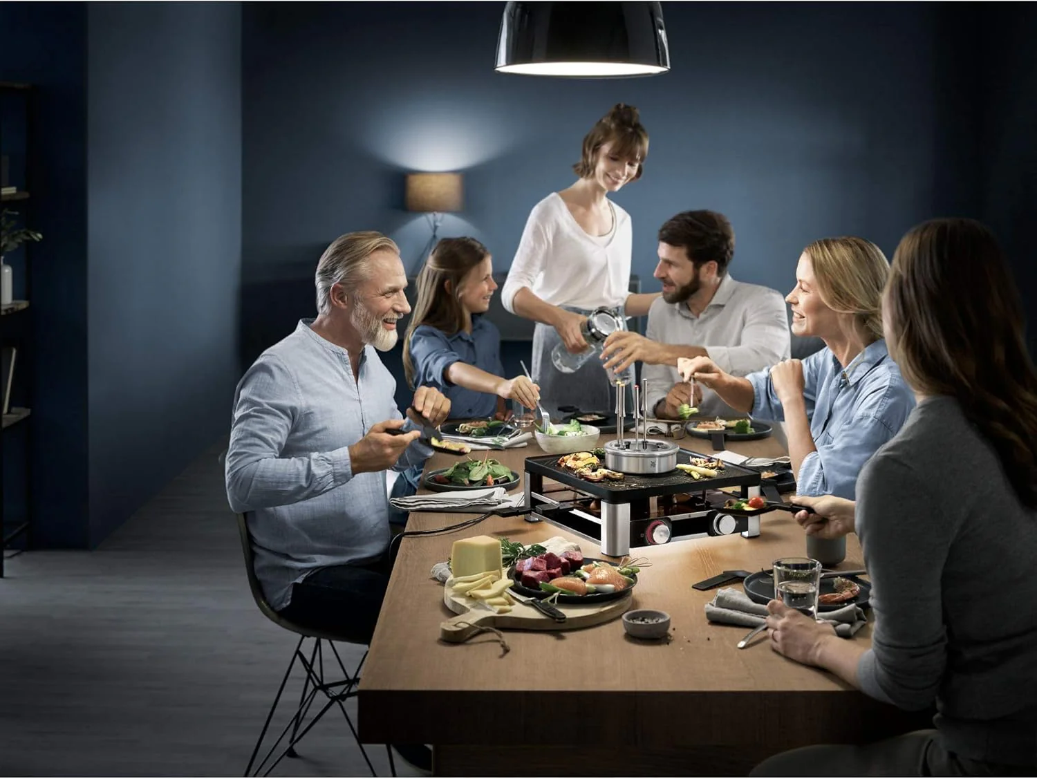 WMF Lumero 3in1 Gourmet Station f��r 8 Personen, Raclette Fondue Kombi, elektrisch, Temperaturregulierung, Beleuchtung, 1800 Watt, platzsparend, edelstahl matt