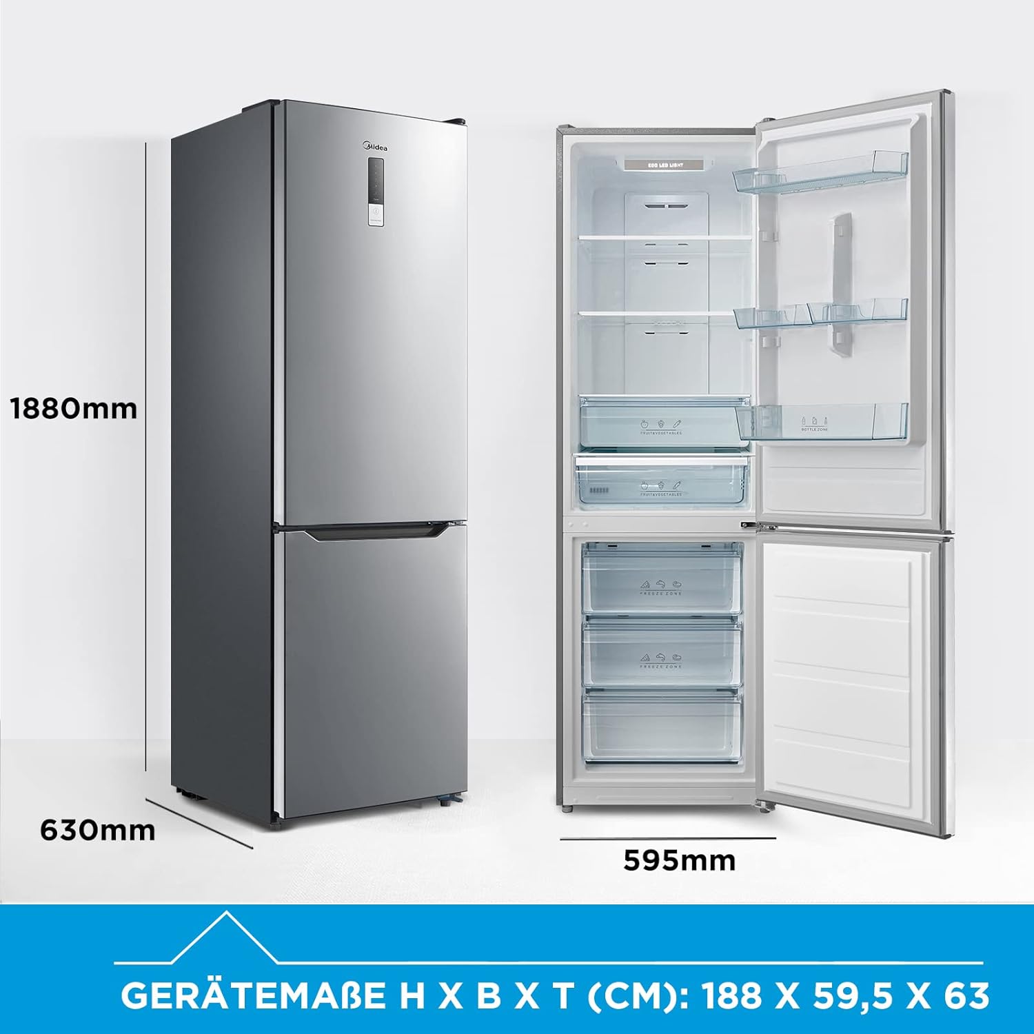 Midea MERB276FGE02A Fridge/Freezer Combination, 180 cm Height, NoFrost, Double Control, Super Cooling Function, 219 kWh per Year, Fridge Capacity 199 L, 71 L Freezer Capacity